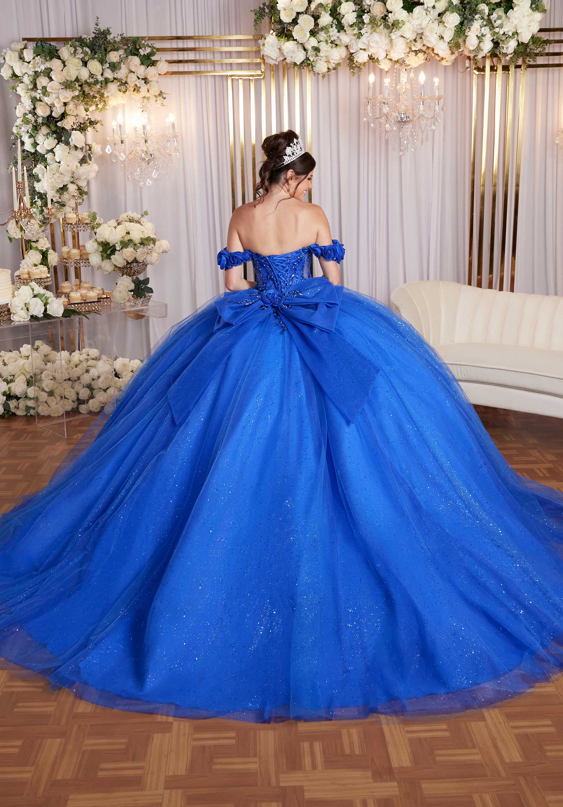 Draped Bodice Quinceañera Dress with Three Dimensional Flowers - Image 8