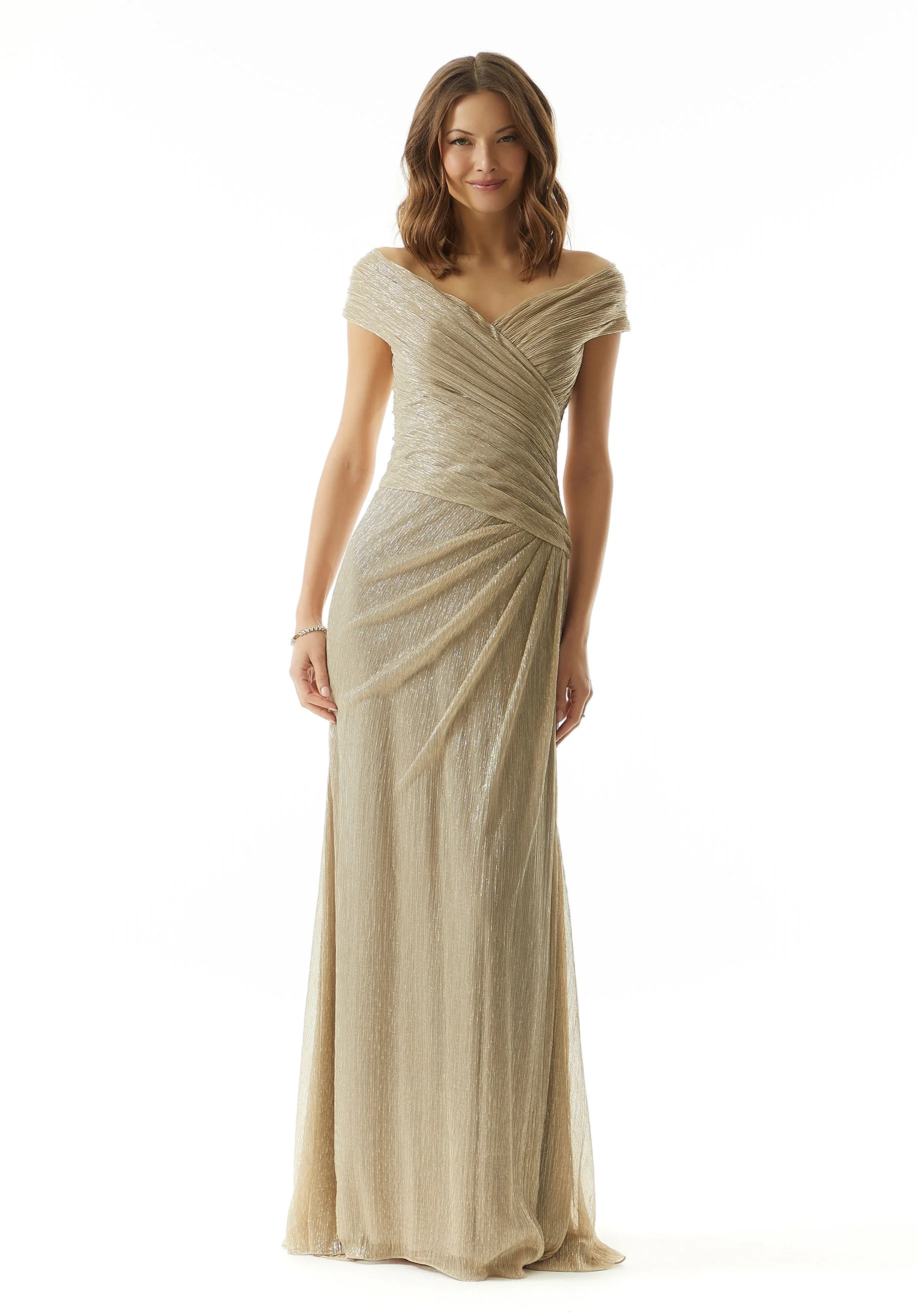Draped Metallic Knit Evening Gown with Surplice Bodice - Image 3