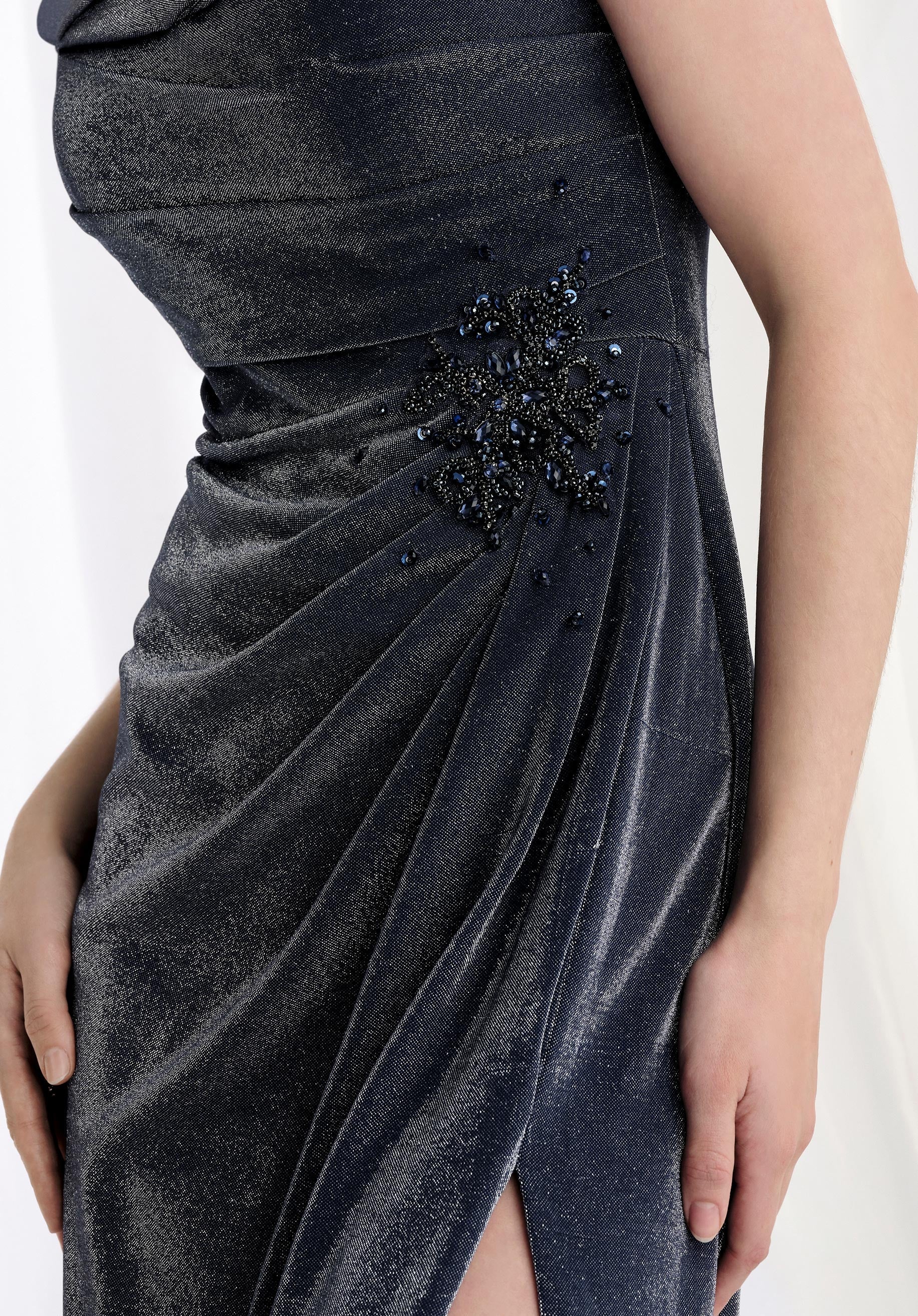 Draped Shimmer Jersey Fit and Flare Evening Gown - Image 5