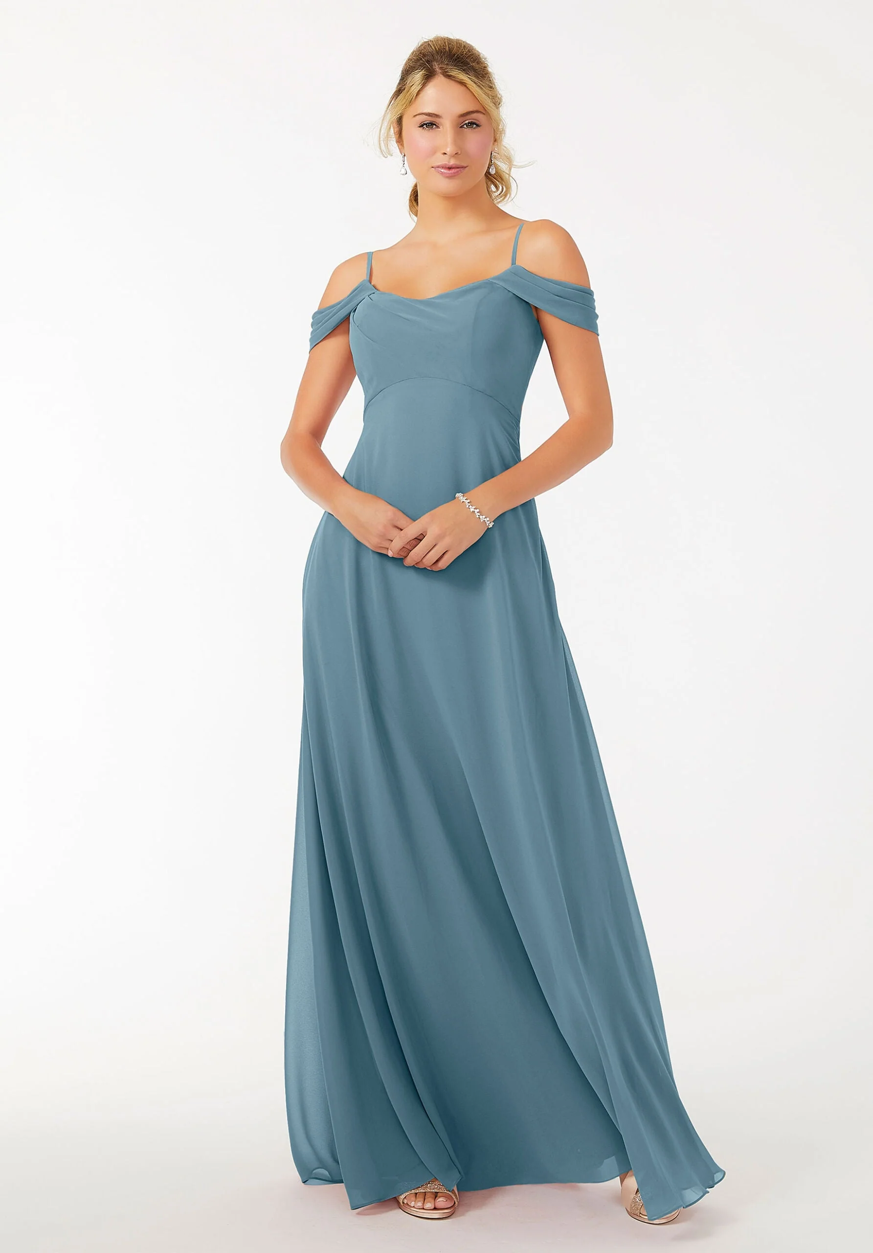 Draped Shoulder Chiffon Bridesmaid Dress - Image 43