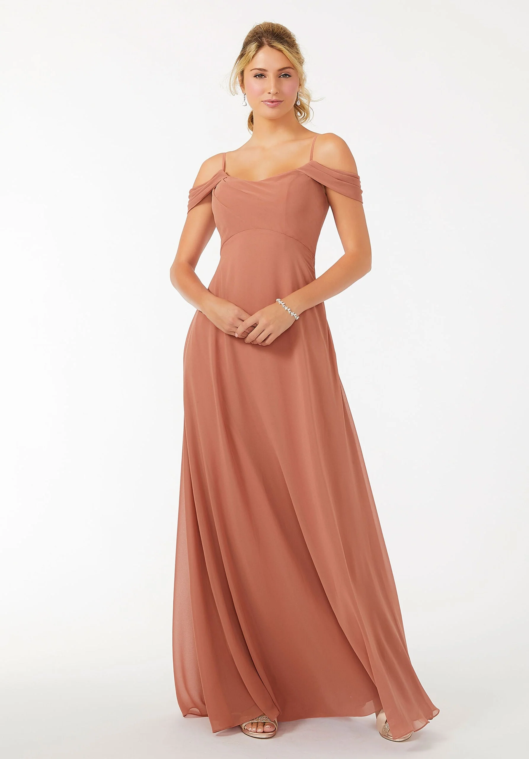 Draped Shoulder Chiffon Bridesmaid Dress - Image 45