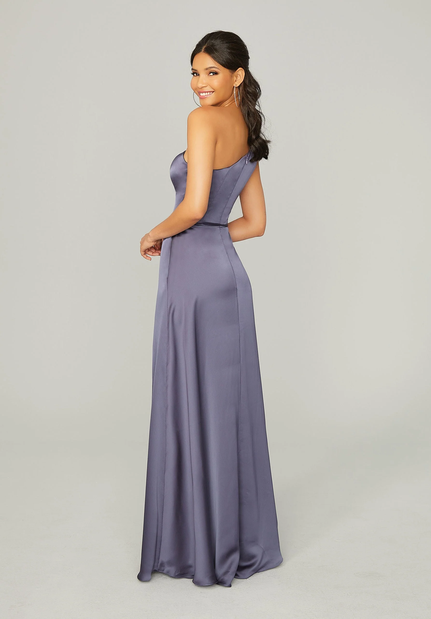 Draped Silky Satin Bridesmaid Dress with Tied Waist - Image 3