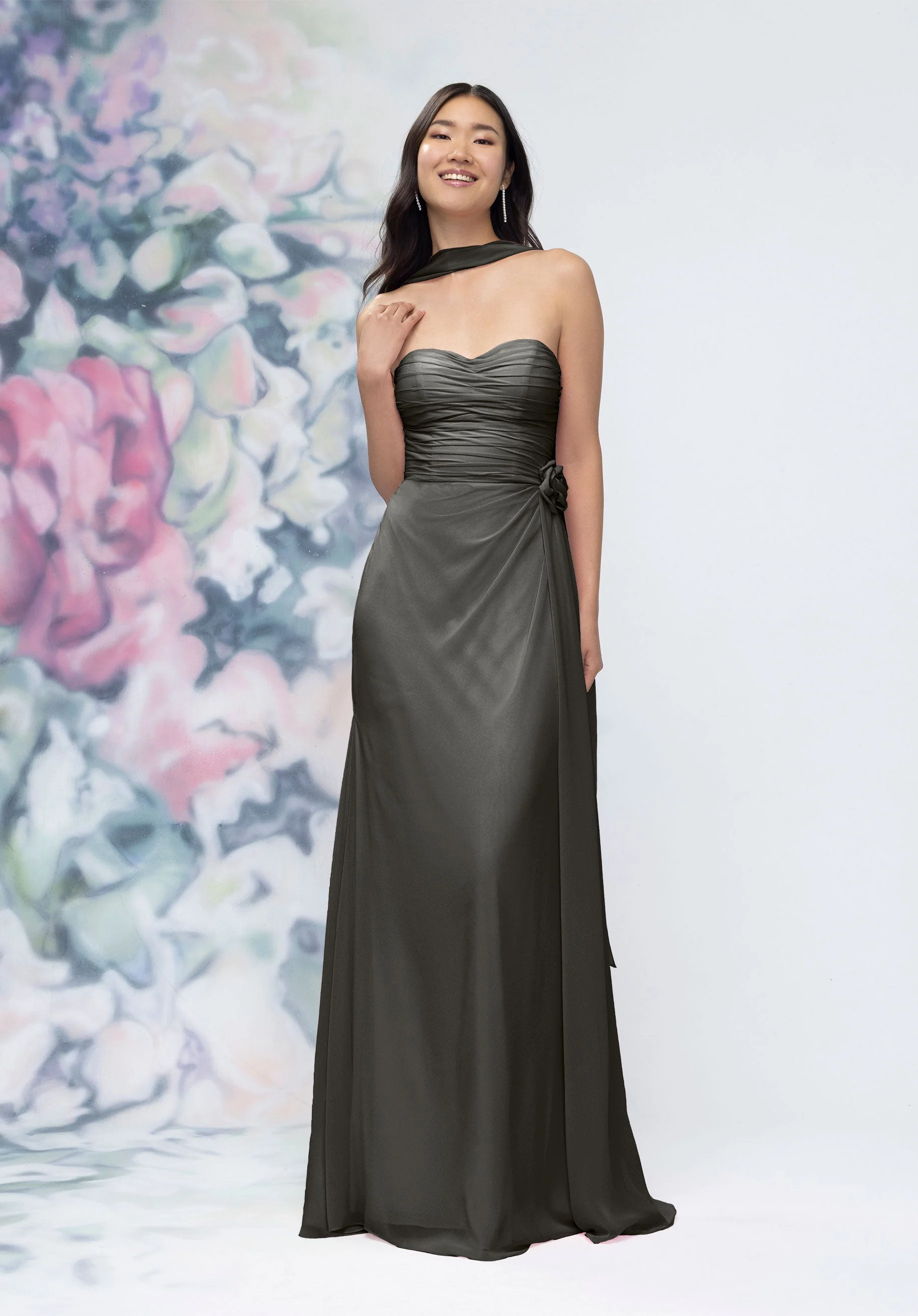Draped Strapless Sweetheart Bridesmaid Dress with Detachable Rosette and Scarf - Image 16