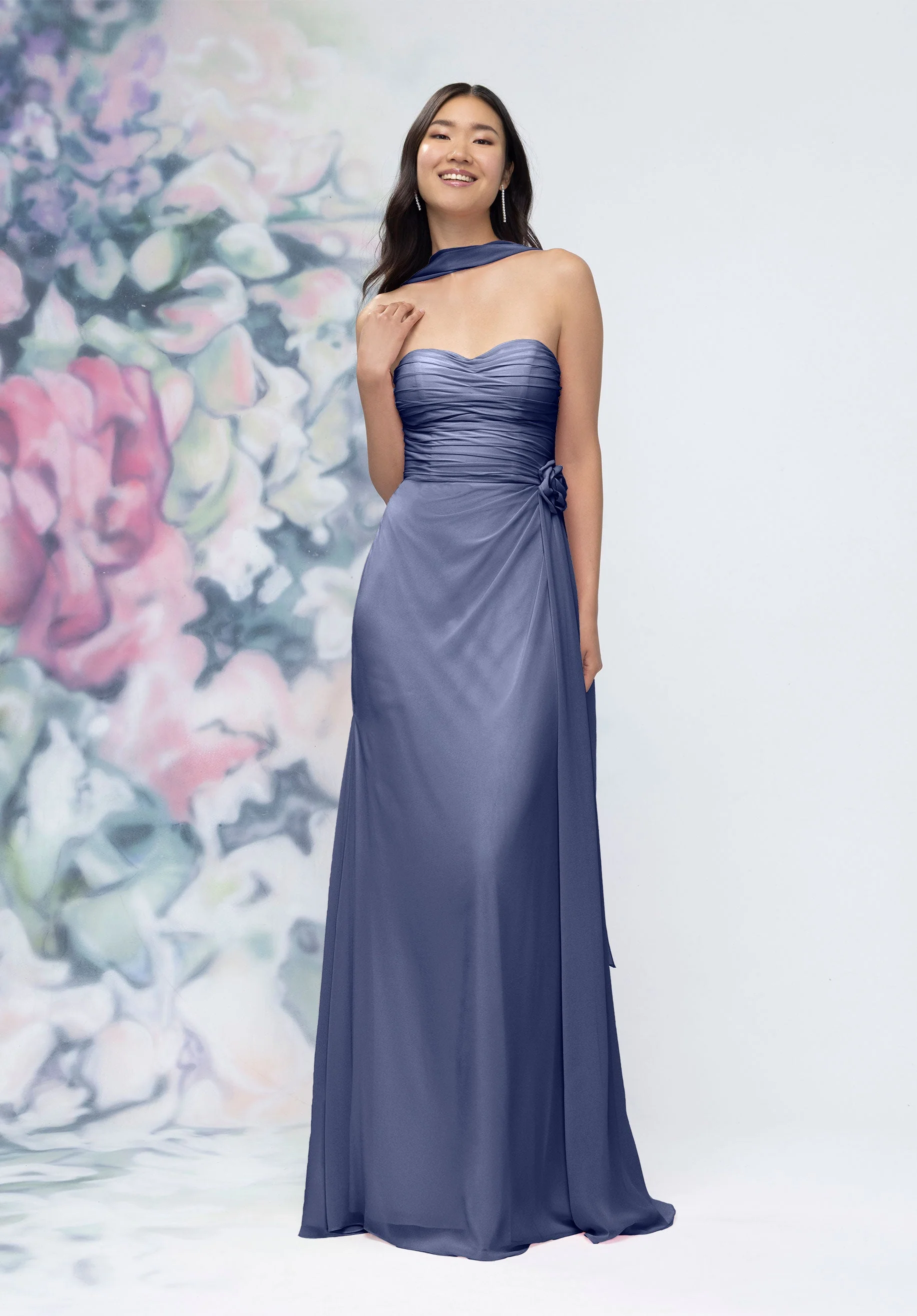 Draped Strapless Sweetheart Bridesmaid Dress with Detachable Rosette and Scarf - Image 23