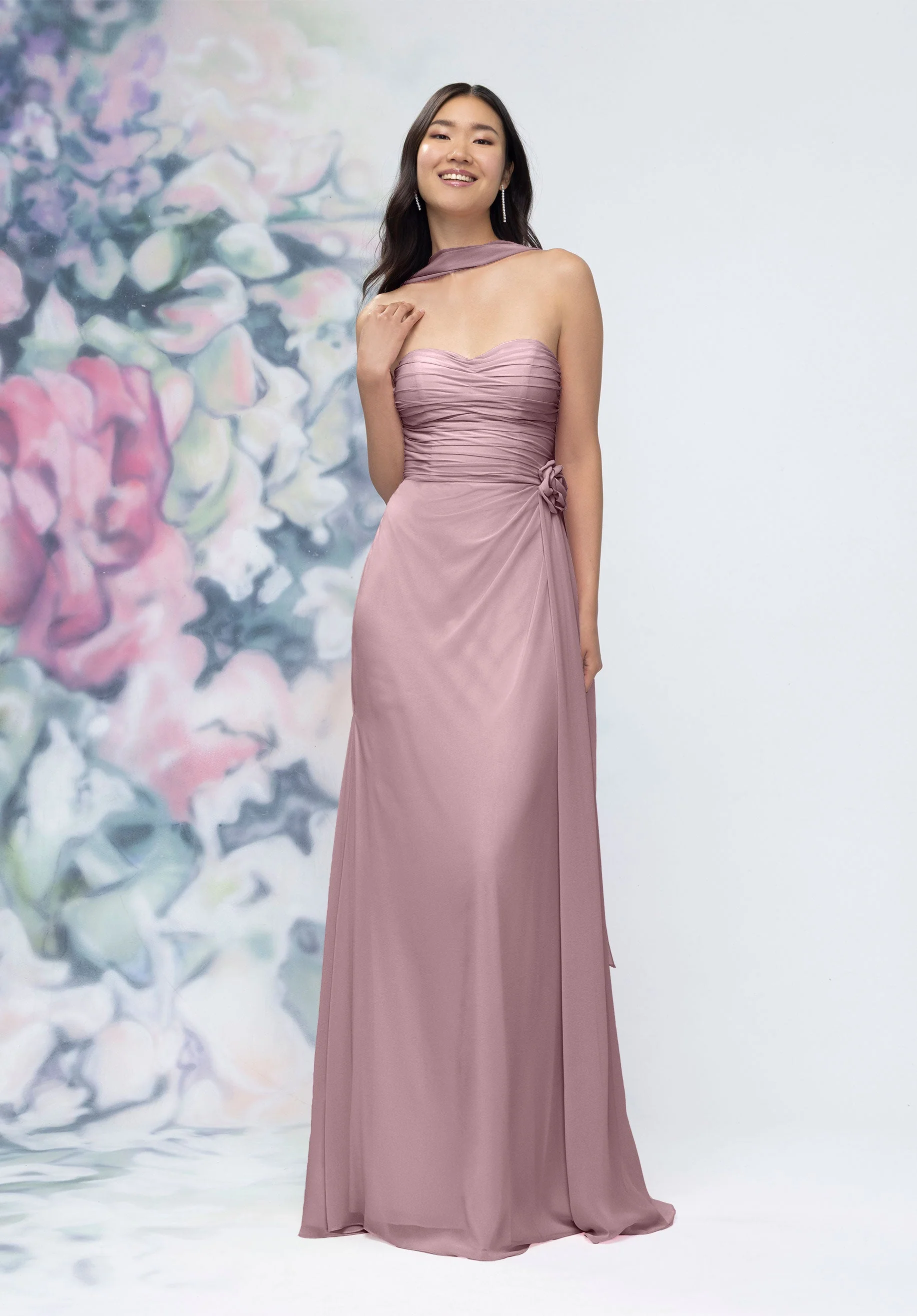 Draped Strapless Sweetheart Bridesmaid Dress with Detachable Rosette and Scarf - Image 28