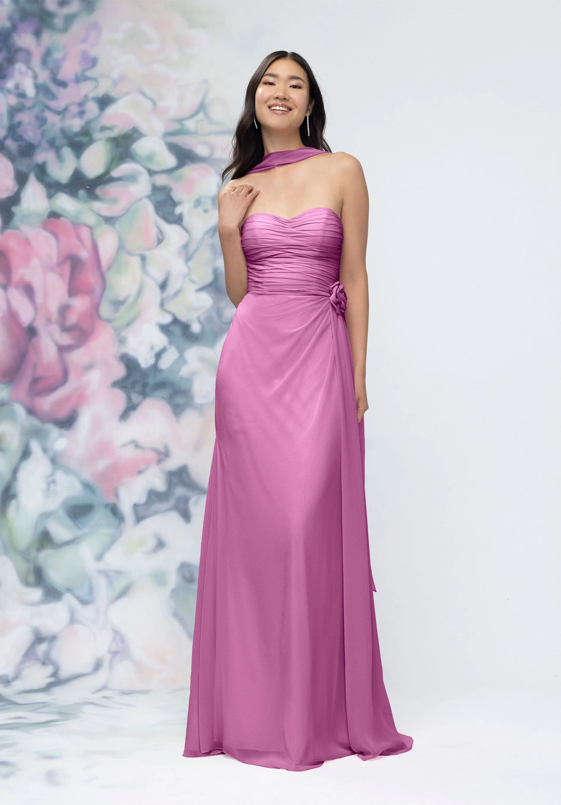 Draped Strapless Sweetheart Bridesmaid Dress with Detachable Rosette and Scarf - Image 39