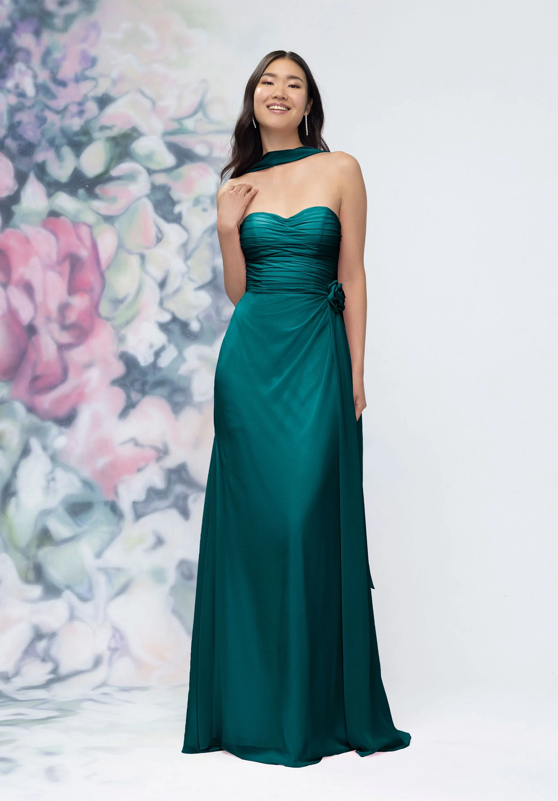 Draped Strapless Sweetheart Bridesmaid Dress with Detachable Rosette and Scarf - Image 51
