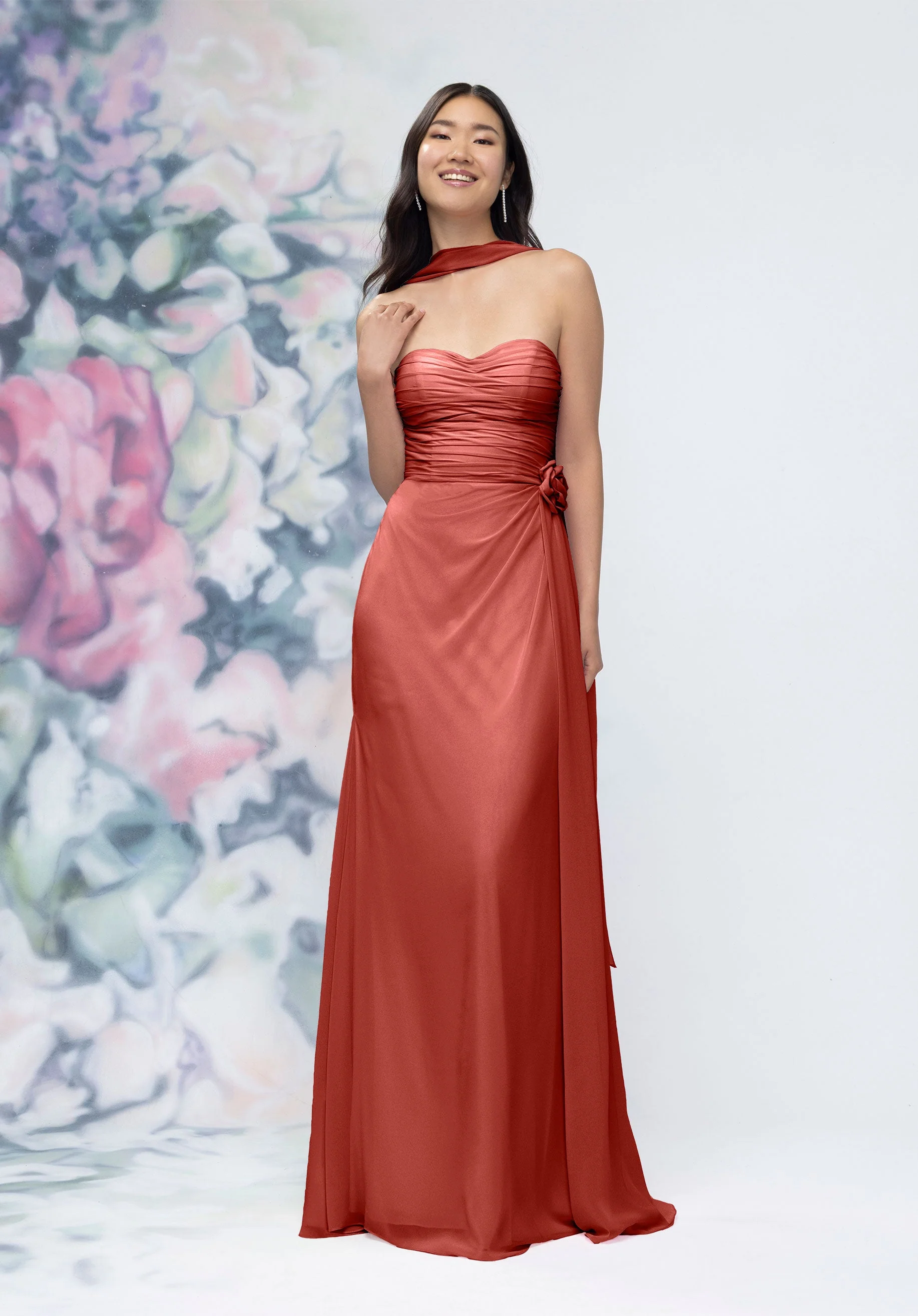 Draped Strapless Sweetheart Bridesmaid Dress with Detachable Rosette and Scarf - Image 52