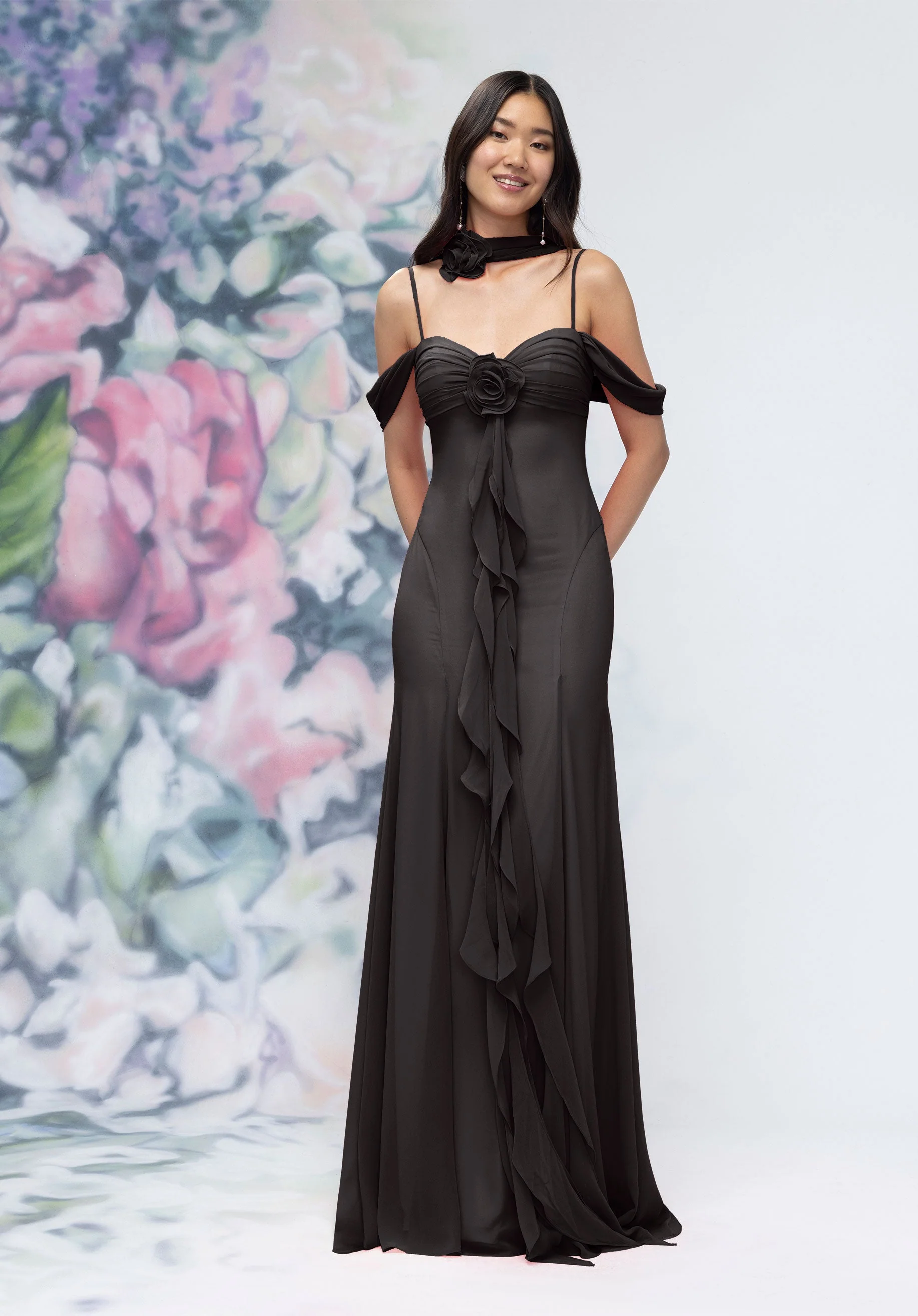 Draped Sweetheart Chiffon Bridesmaid Dress with Cascading Floral Ruffle - Image 12