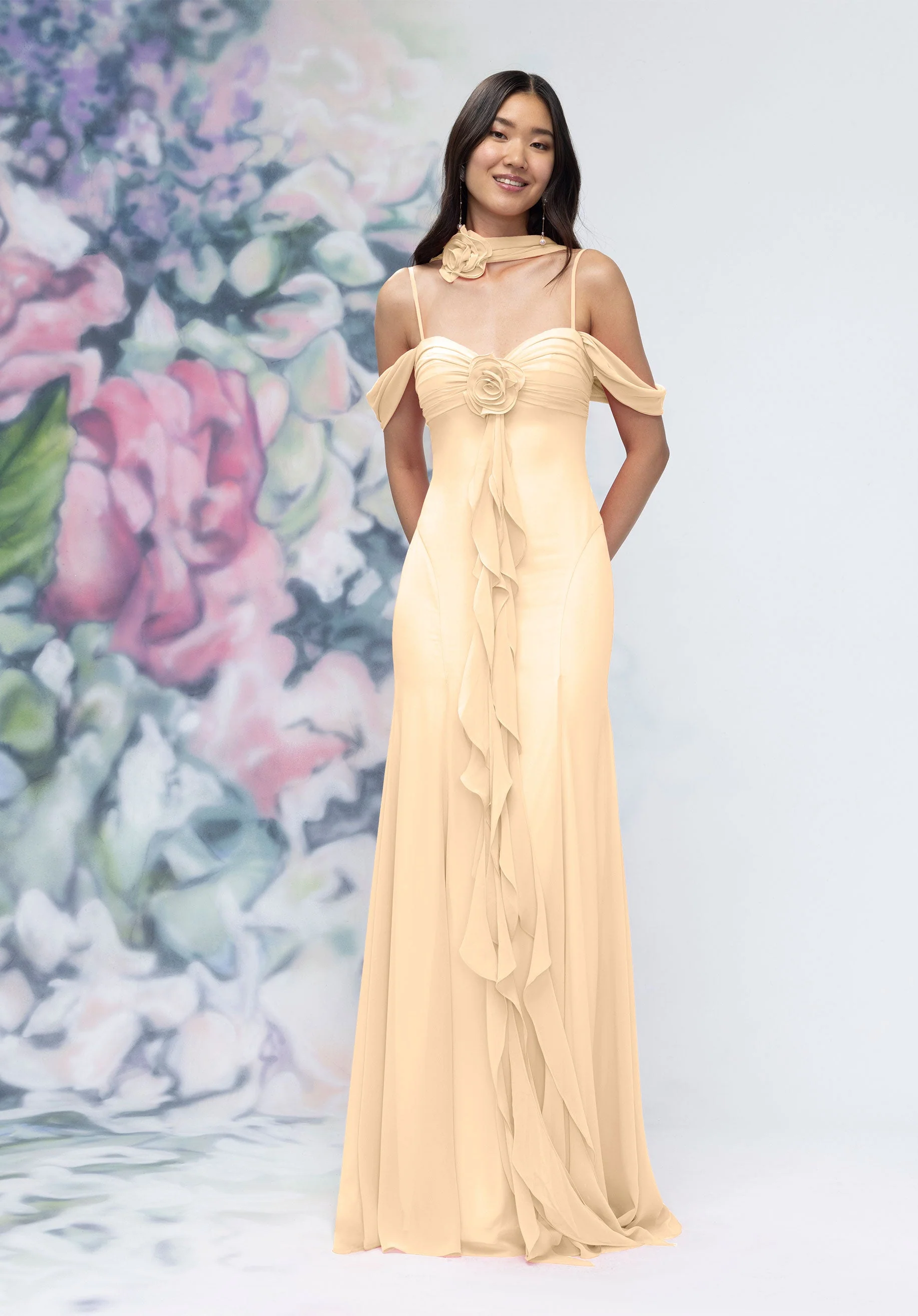 Draped Sweetheart Chiffon Bridesmaid Dress with Cascading Floral Ruffle - Image 17