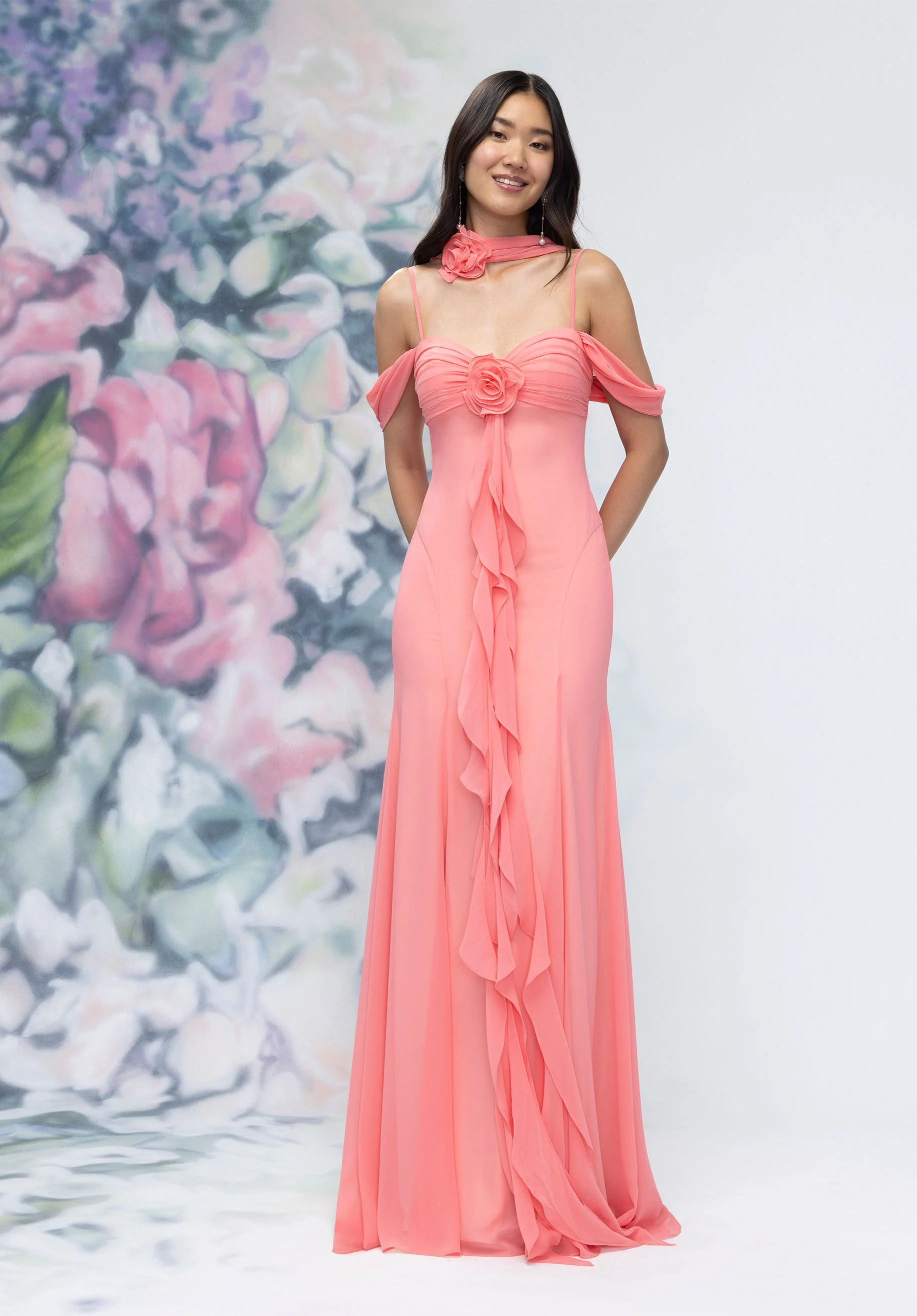 Draped Sweetheart Chiffon Bridesmaid Dress with Cascading Floral Ruffle - Image 19