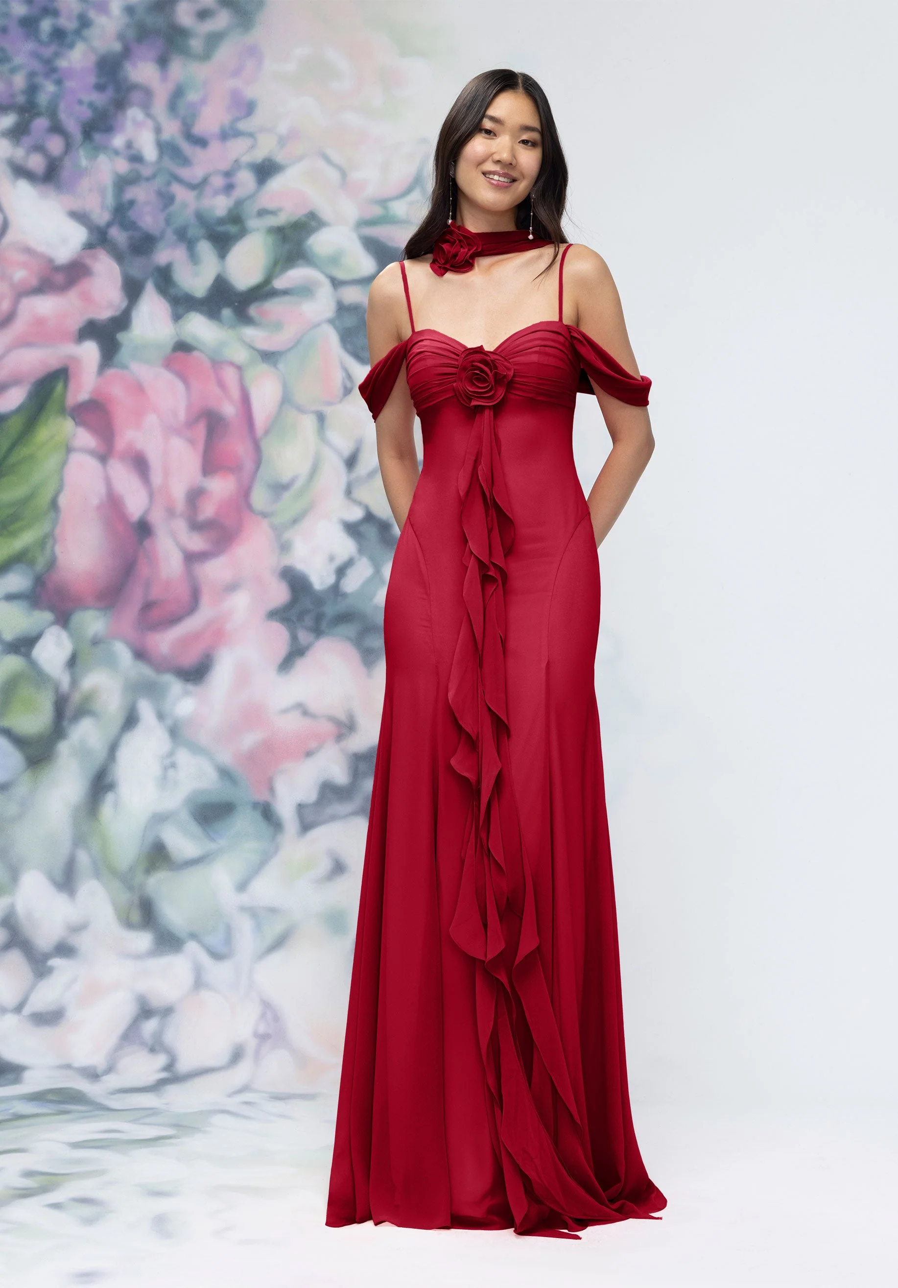 Draped Sweetheart Chiffon Bridesmaid Dress with Cascading Floral Ruffle - Image 23