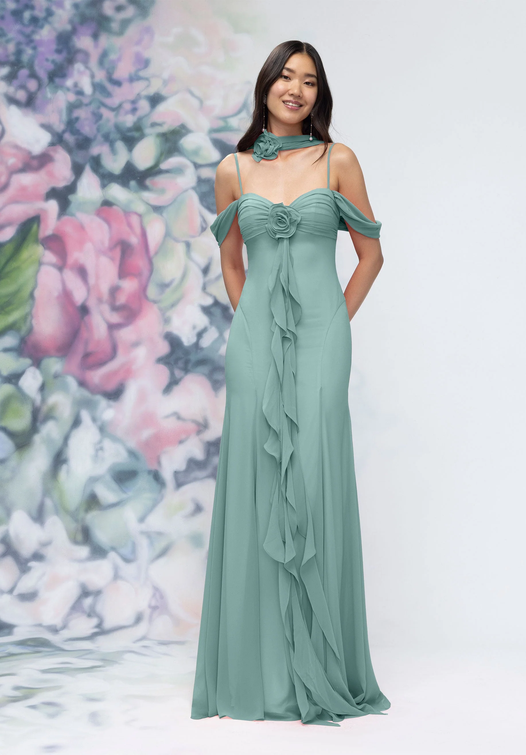 Draped Sweetheart Chiffon Bridesmaid Dress with Cascading Floral Ruffle - Image 25