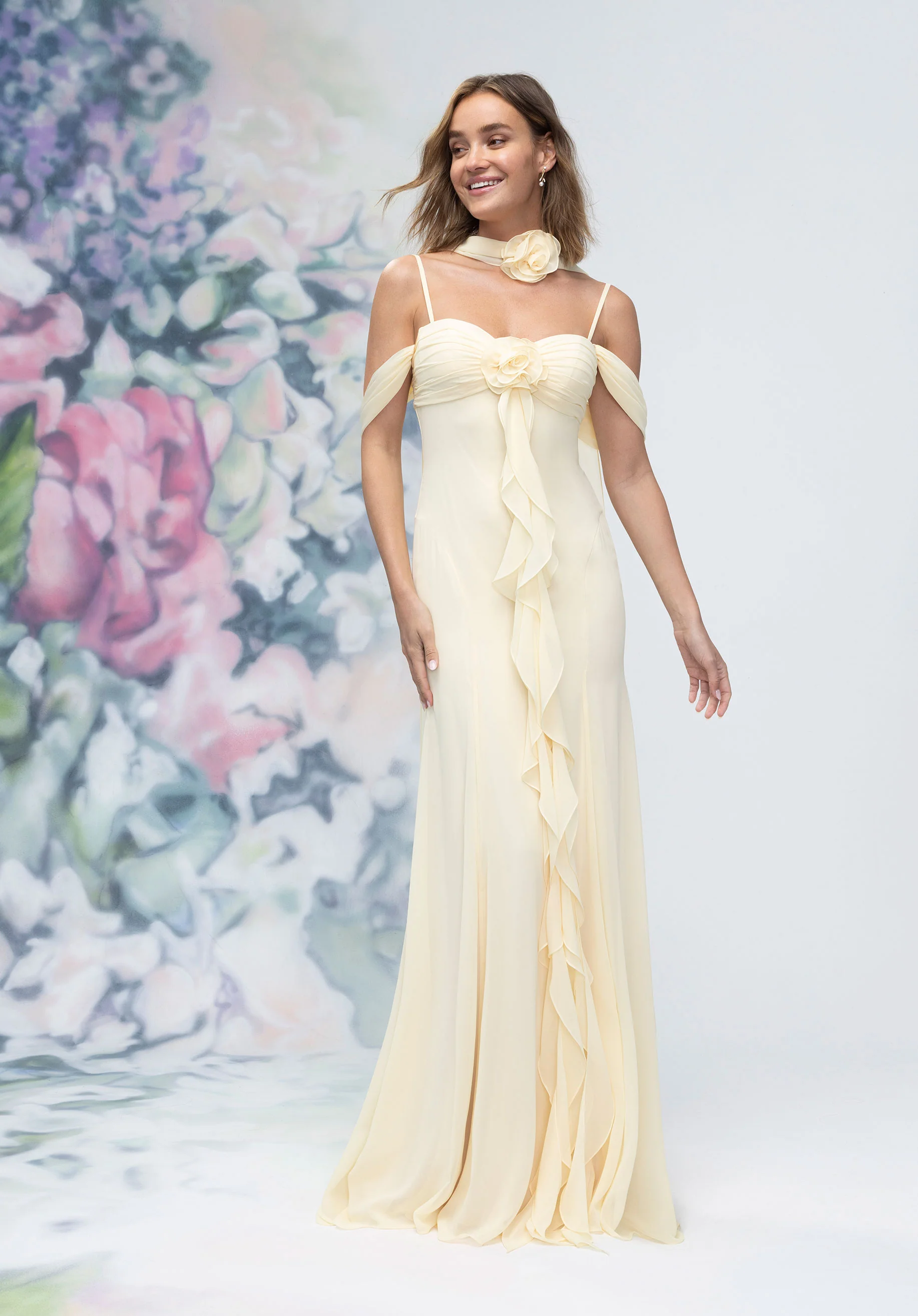 Draped Sweetheart Chiffon Bridesmaid Dress with Cascading Floral Ruffle - Image 3