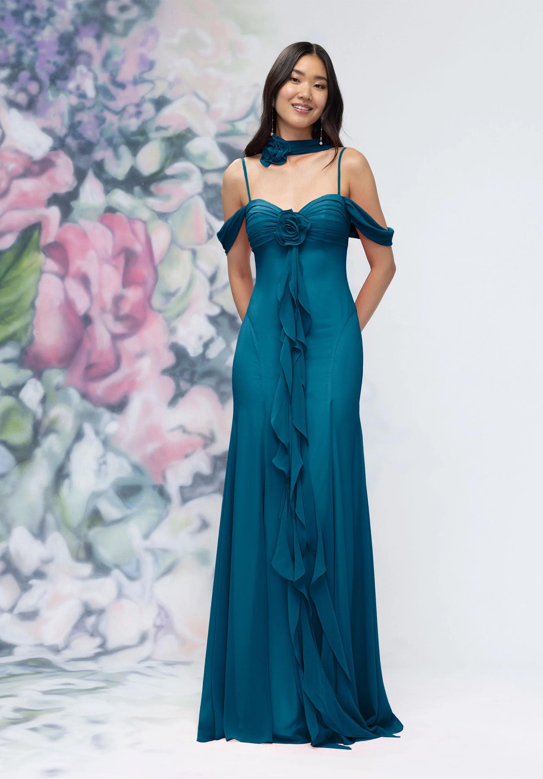 Draped Sweetheart Chiffon Bridesmaid Dress with Cascading Floral Ruffle - Image 38