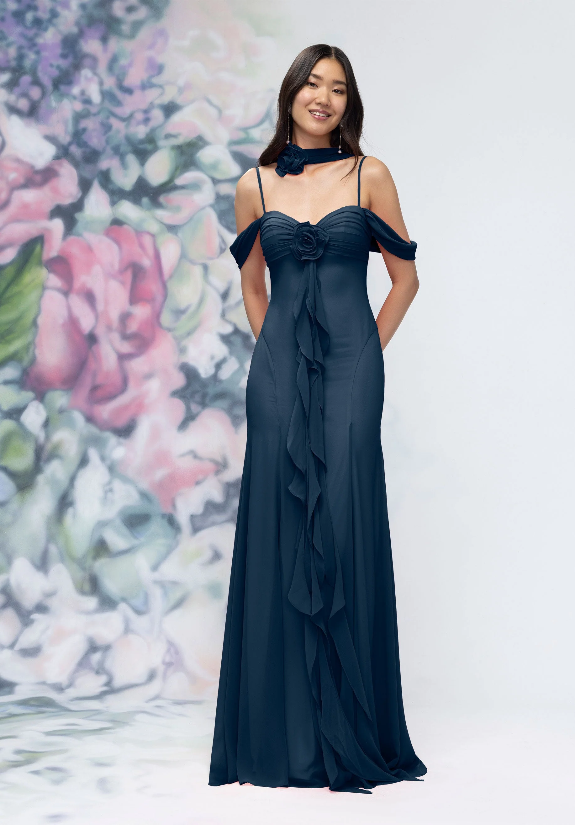 Draped Sweetheart Chiffon Bridesmaid Dress with Cascading Floral Ruffle - Image 42