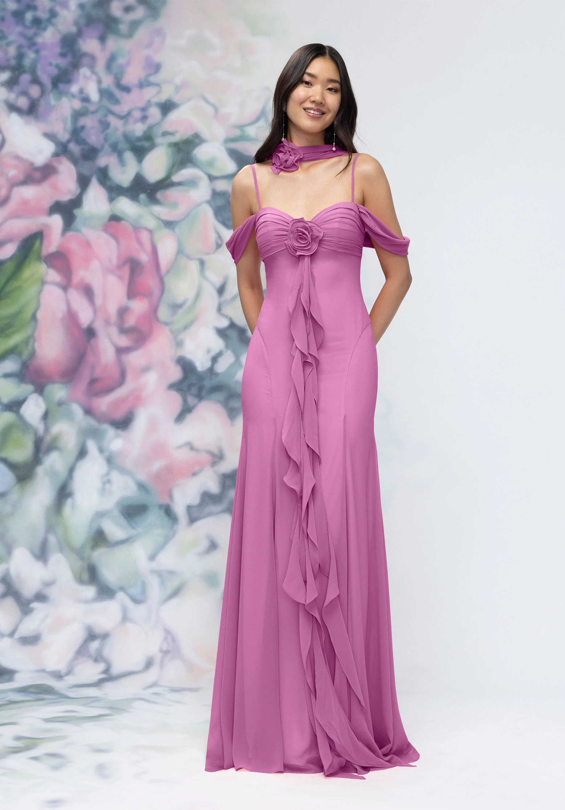 Draped Sweetheart Chiffon Bridesmaid Dress with Cascading Floral Ruffle - Image 45