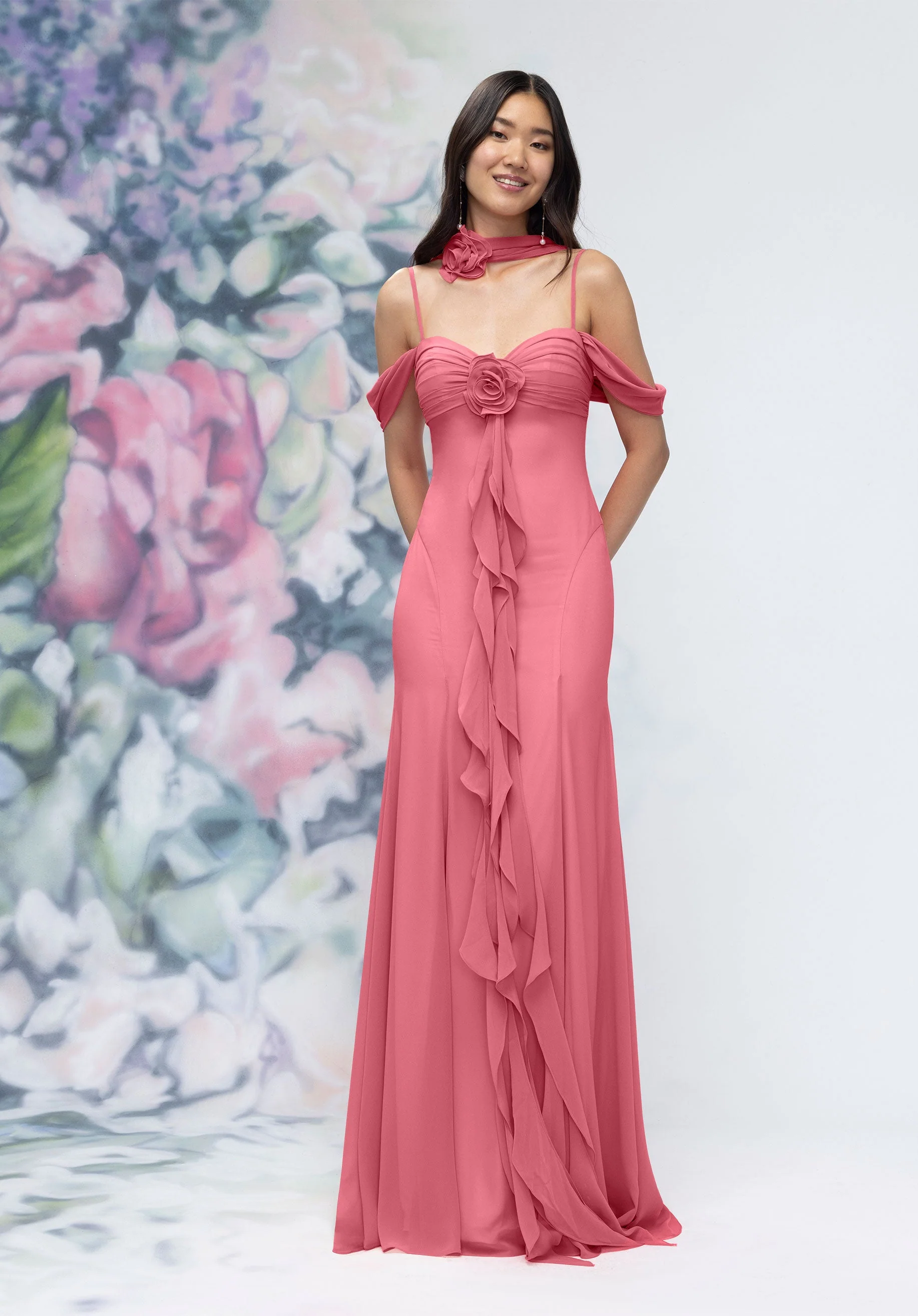Draped Sweetheart Chiffon Bridesmaid Dress with Cascading Floral Ruffle - Image 46