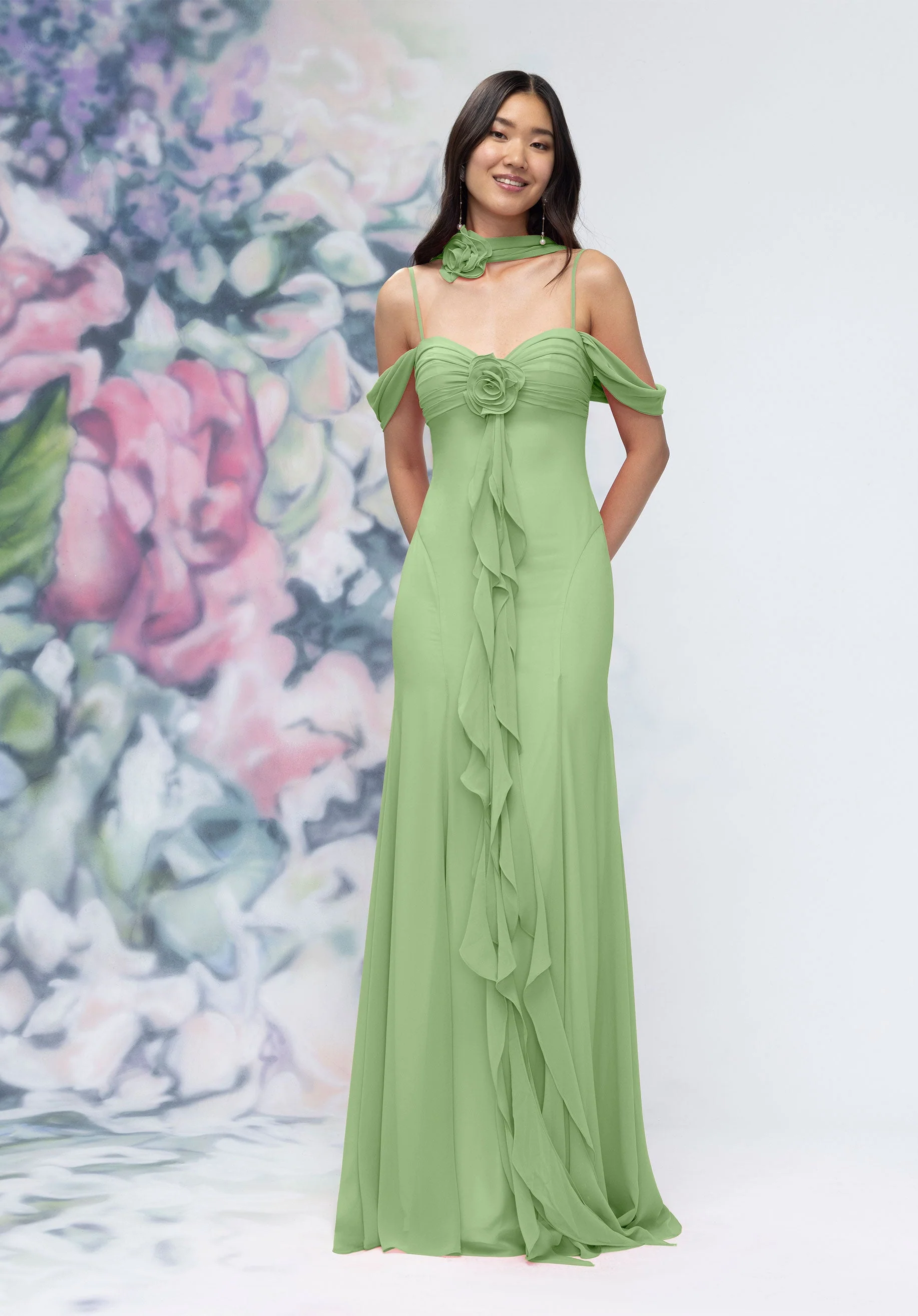 Draped Sweetheart Chiffon Bridesmaid Dress with Cascading Floral Ruffle - Image 47