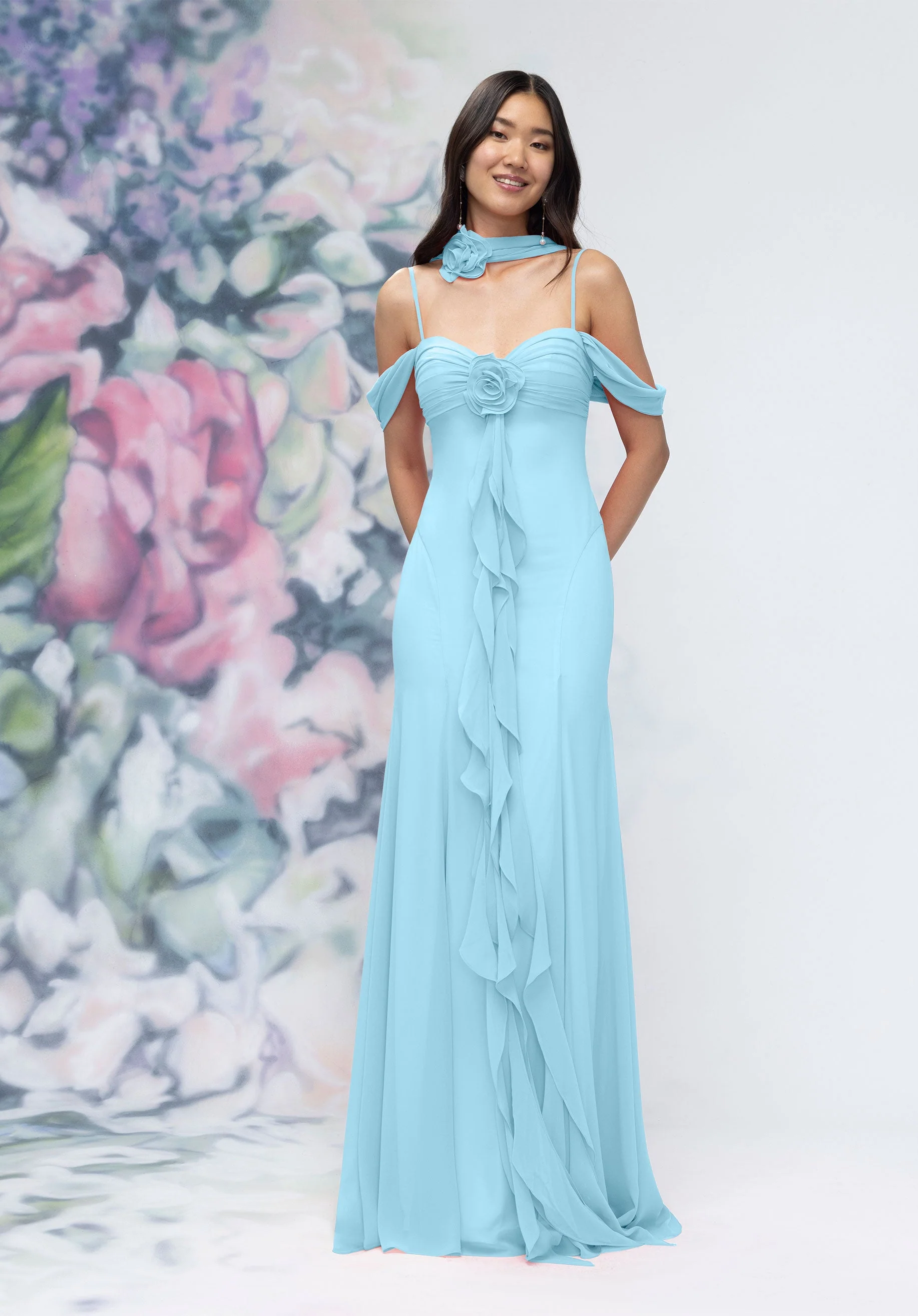 Draped Sweetheart Chiffon Bridesmaid Dress with Cascading Floral Ruffle - Image 52