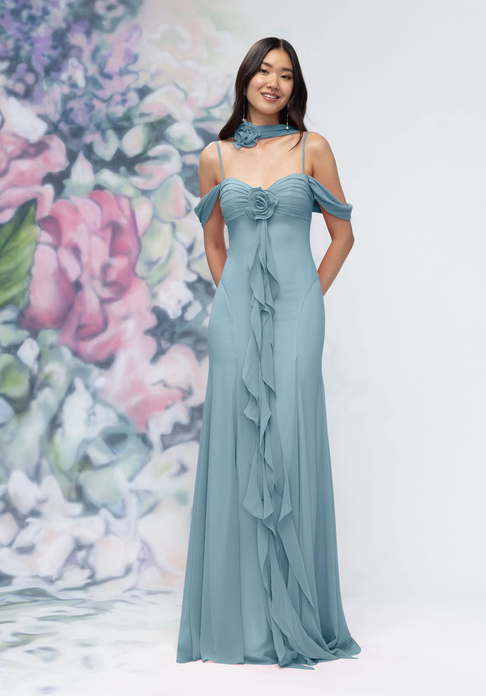 Draped Sweetheart Chiffon Bridesmaid Dress with Cascading Floral Ruffle - Image 53