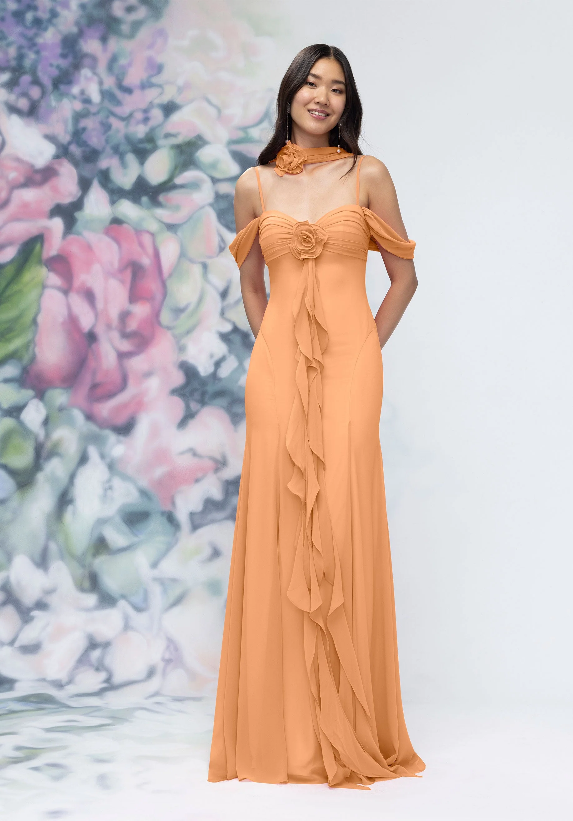 Draped Sweetheart Chiffon Bridesmaid Dress with Cascading Floral Ruffle - Image 54