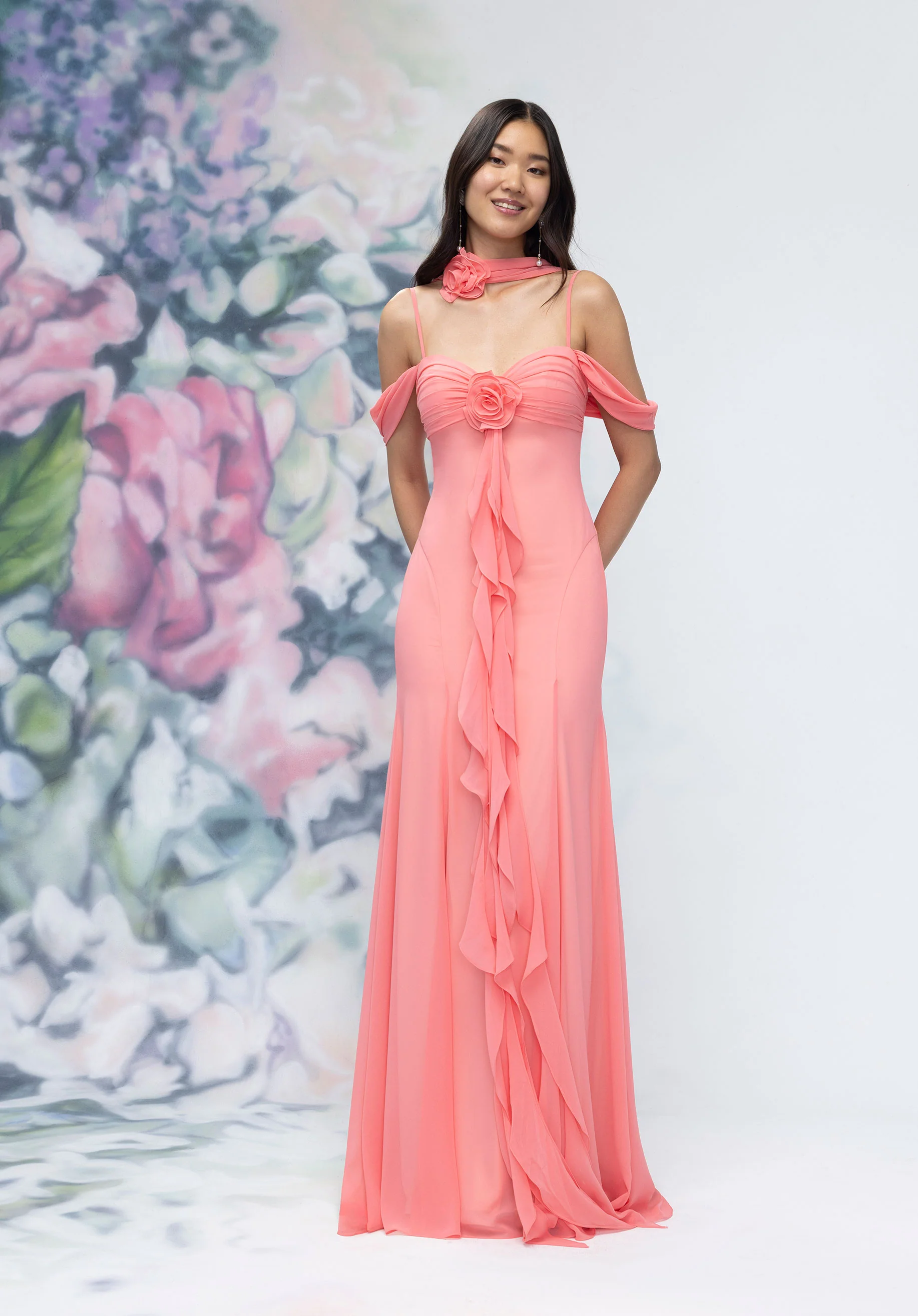 Draped Sweetheart Chiffon Bridesmaid Dress with Cascading Floral Ruffle - Image 6