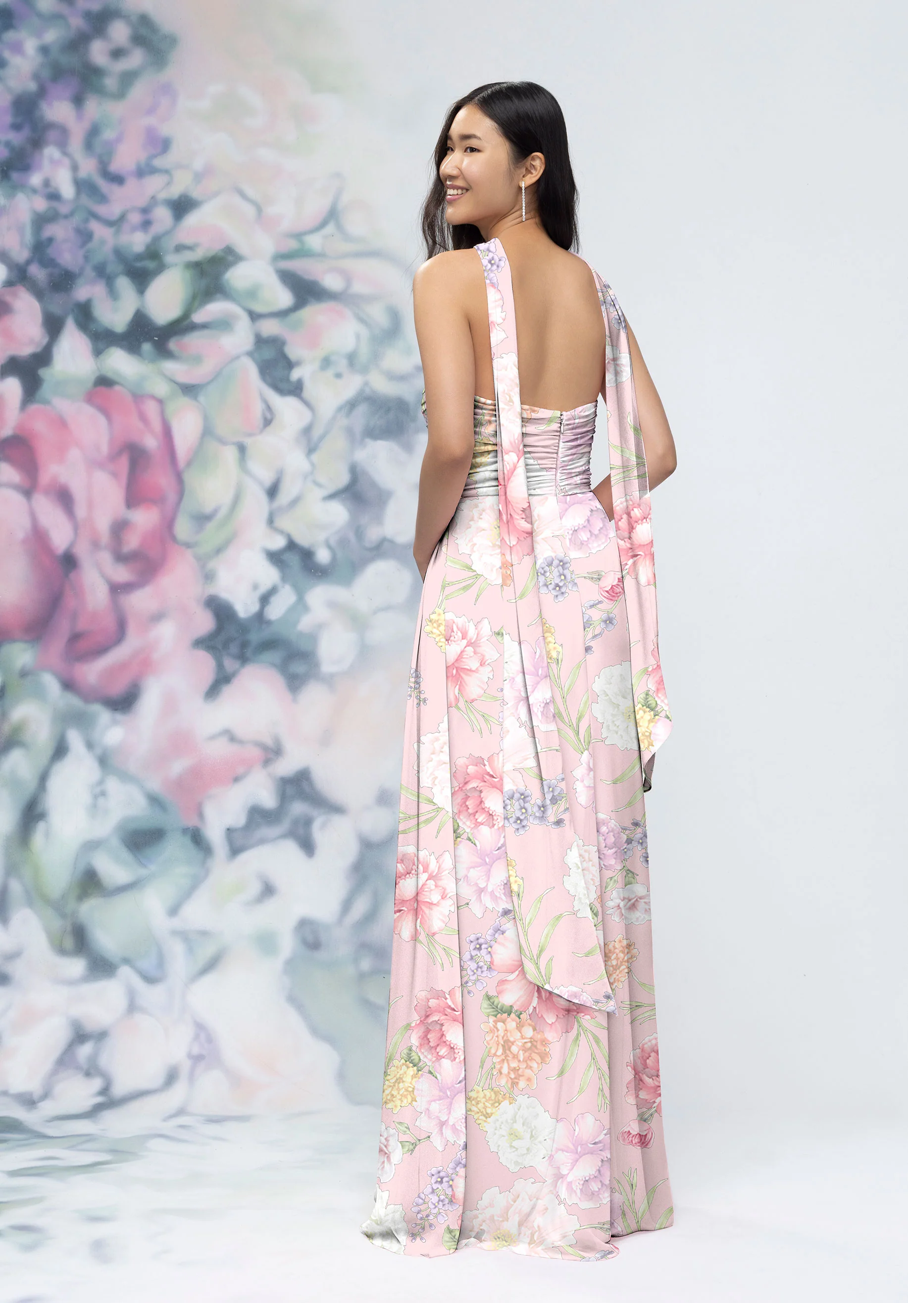 Draped Sweetheart Floral Printed Bridesmaid Dress with Detachable Rosette and Scarf - Image 2