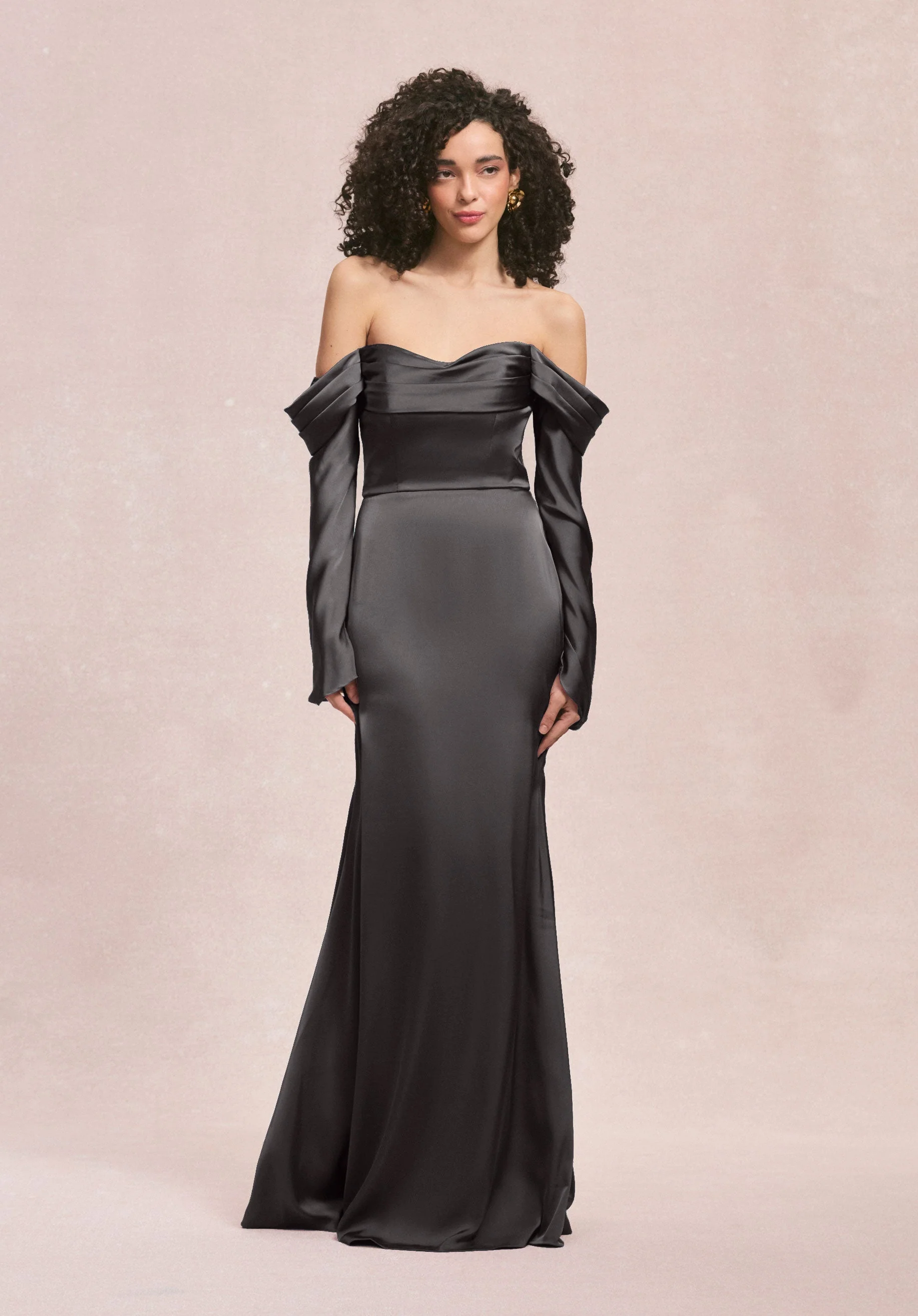 Draped Sweetheart Luxe Satin Bridesmaid Dress with Detachable Long Sleeves - Image 13