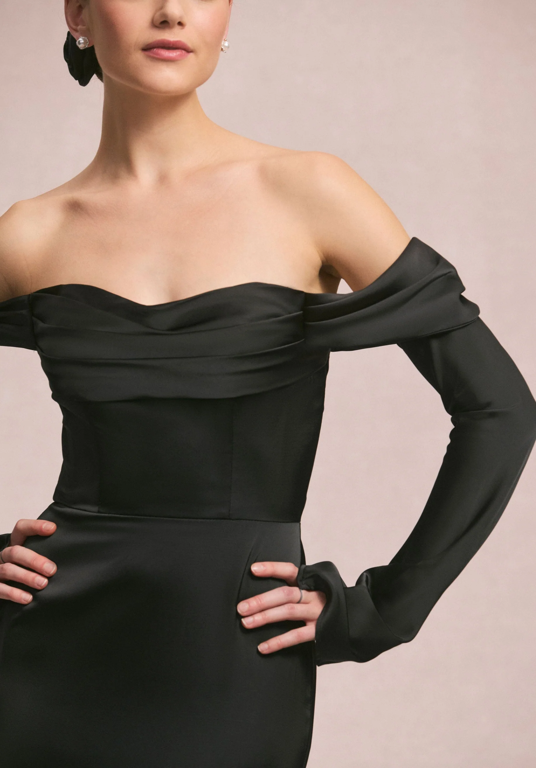 Draped Sweetheart Luxe Satin Bridesmaid Dress with Detachable Long Sleeves - Image 4
