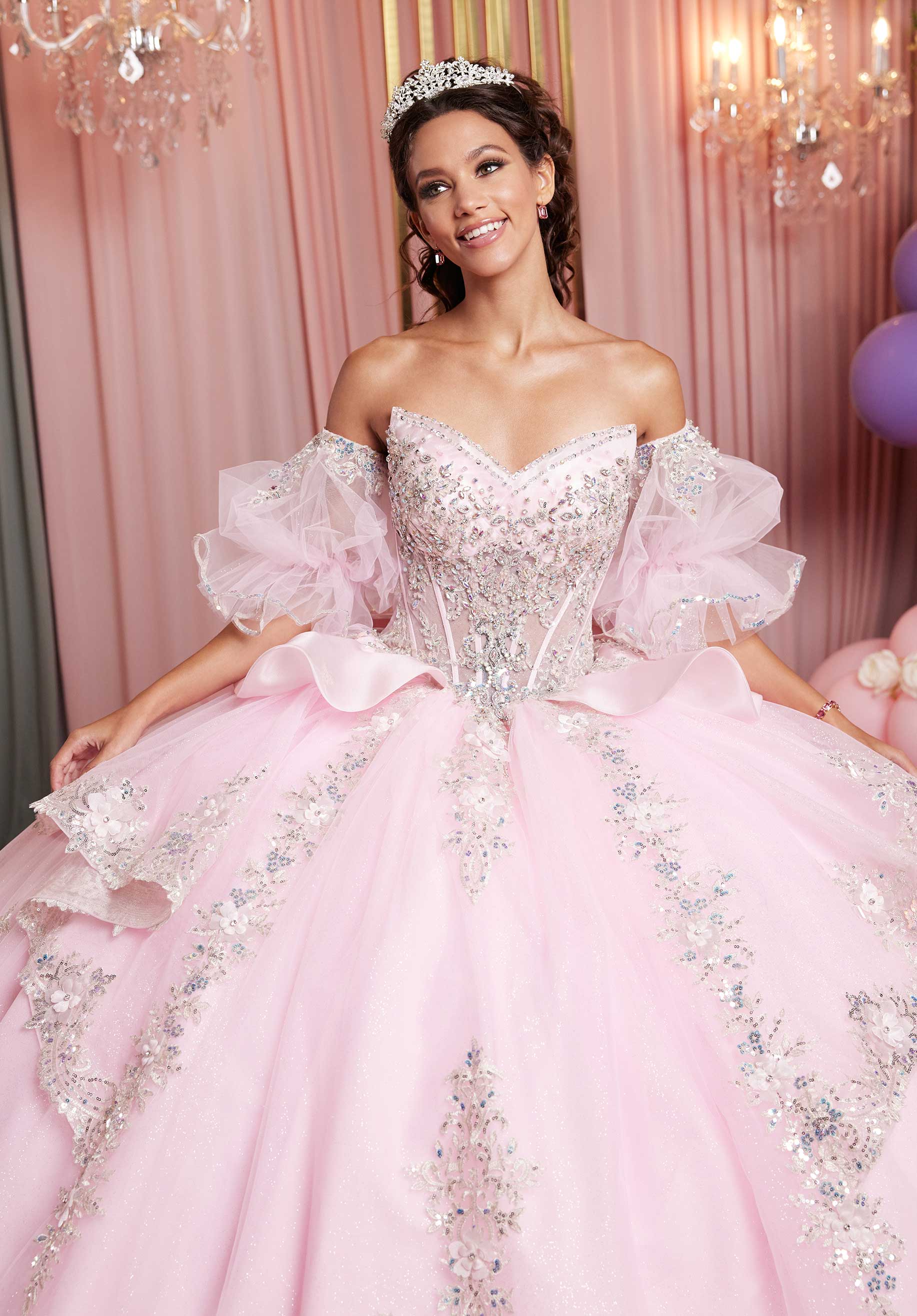 Embellished Appliqué Cat Eye Quinceañera Dress with Peplum Tiered Skirt - Image 3