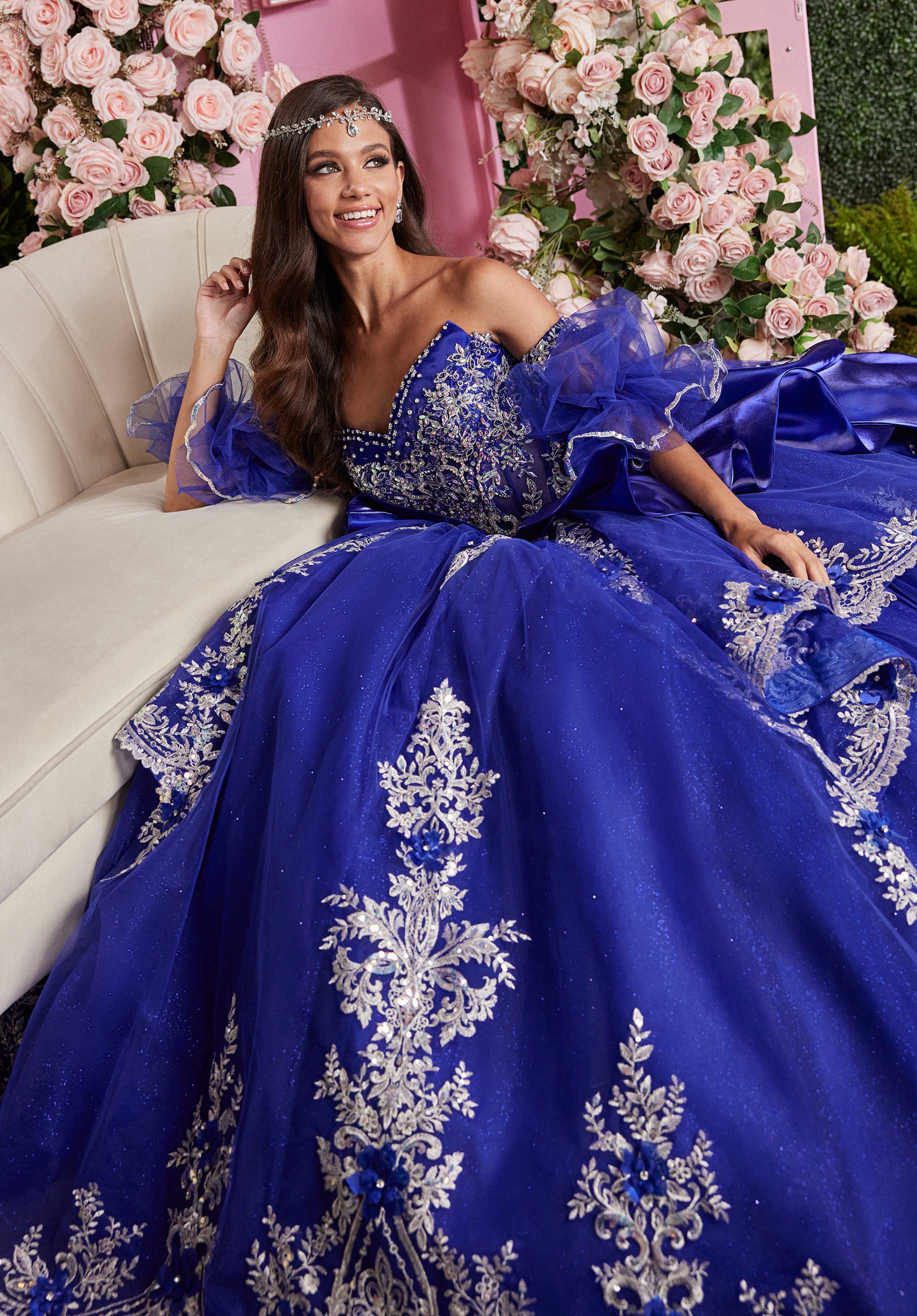 Embellished Appliqué Cat Eye Quinceañera Dress with Peplum Tiered Skirt - Image 4