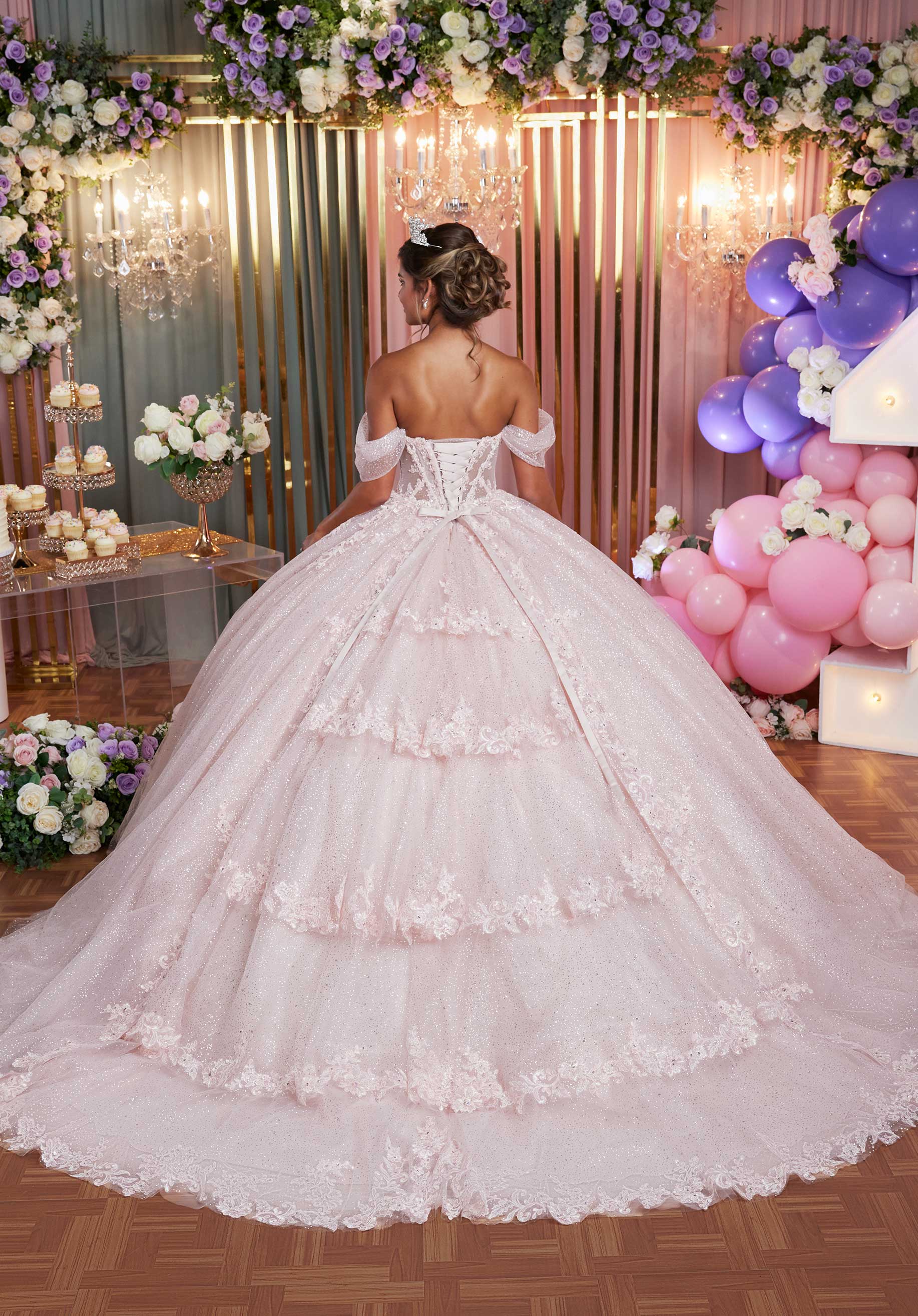 Embellished Lace and Glitter Tulle Quinceañera Dress with Tiered Ruffle Back - Image 5