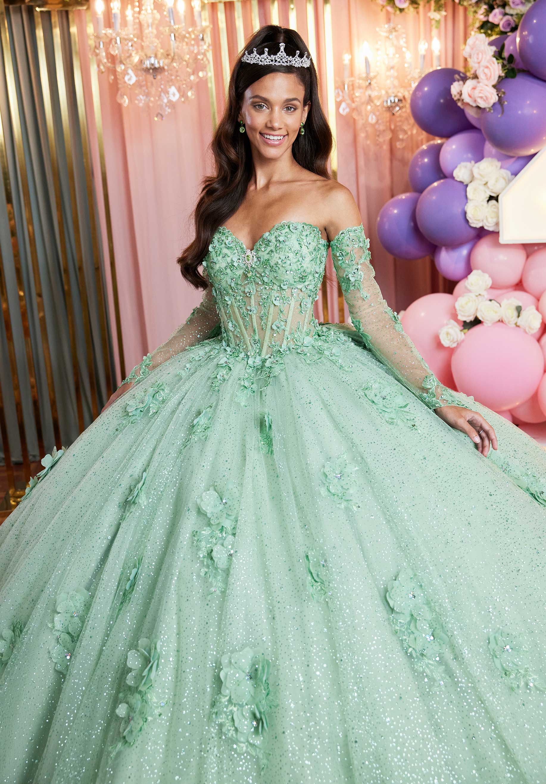 Embroidered and Three Dimensional Floral Appliquéd Glitter Tulle Quinceañera Dress - Image 10