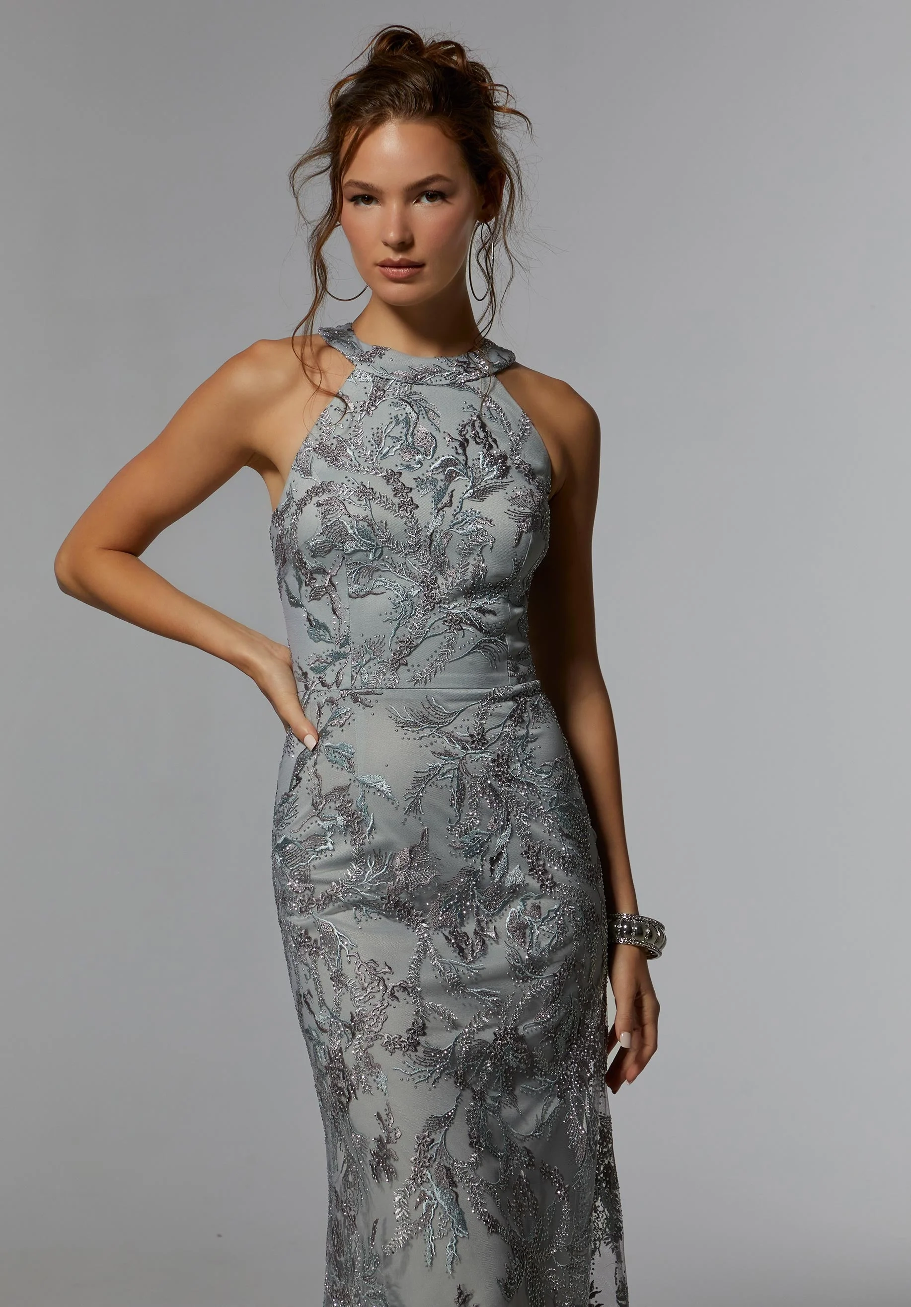 Embroidered Net Sheath with Gunmetal Beading - Image 4