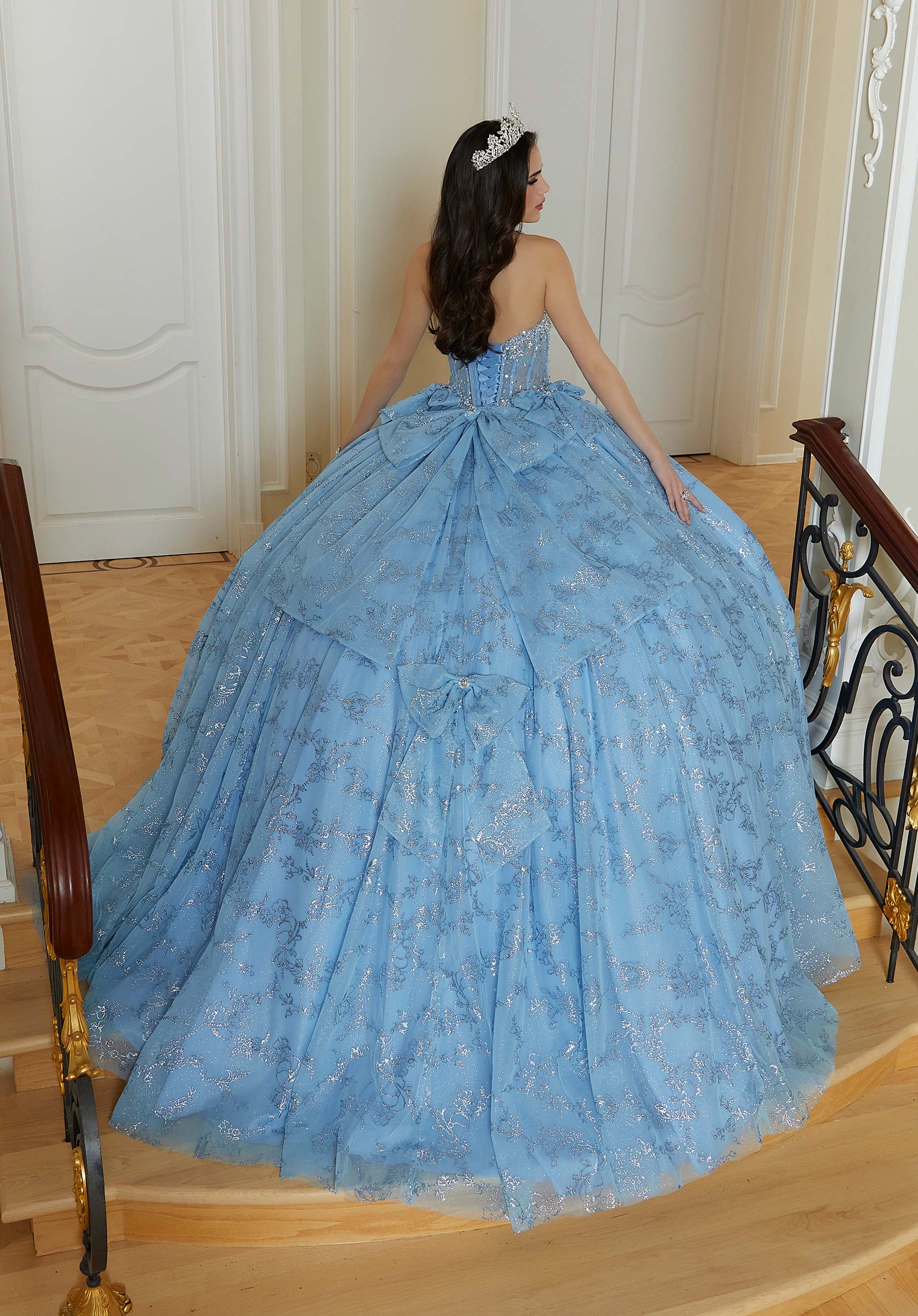 Floral Patterned Glitter Quinceañera Dress with Crystal Beading and Bow Details - Image 8