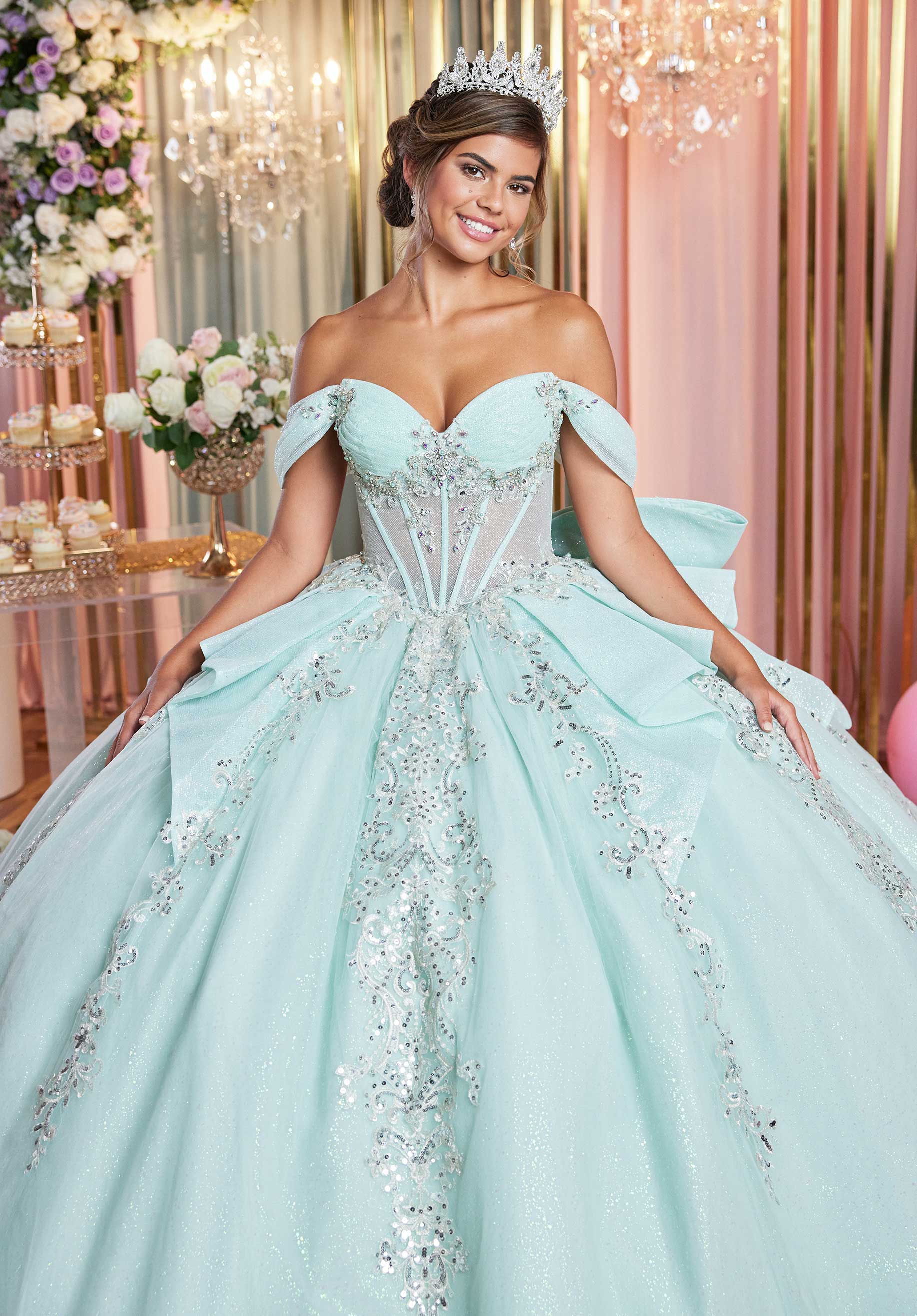 Glitter Pleated Quinceañera Dress with Cascading Peplum Overlay - Image 3