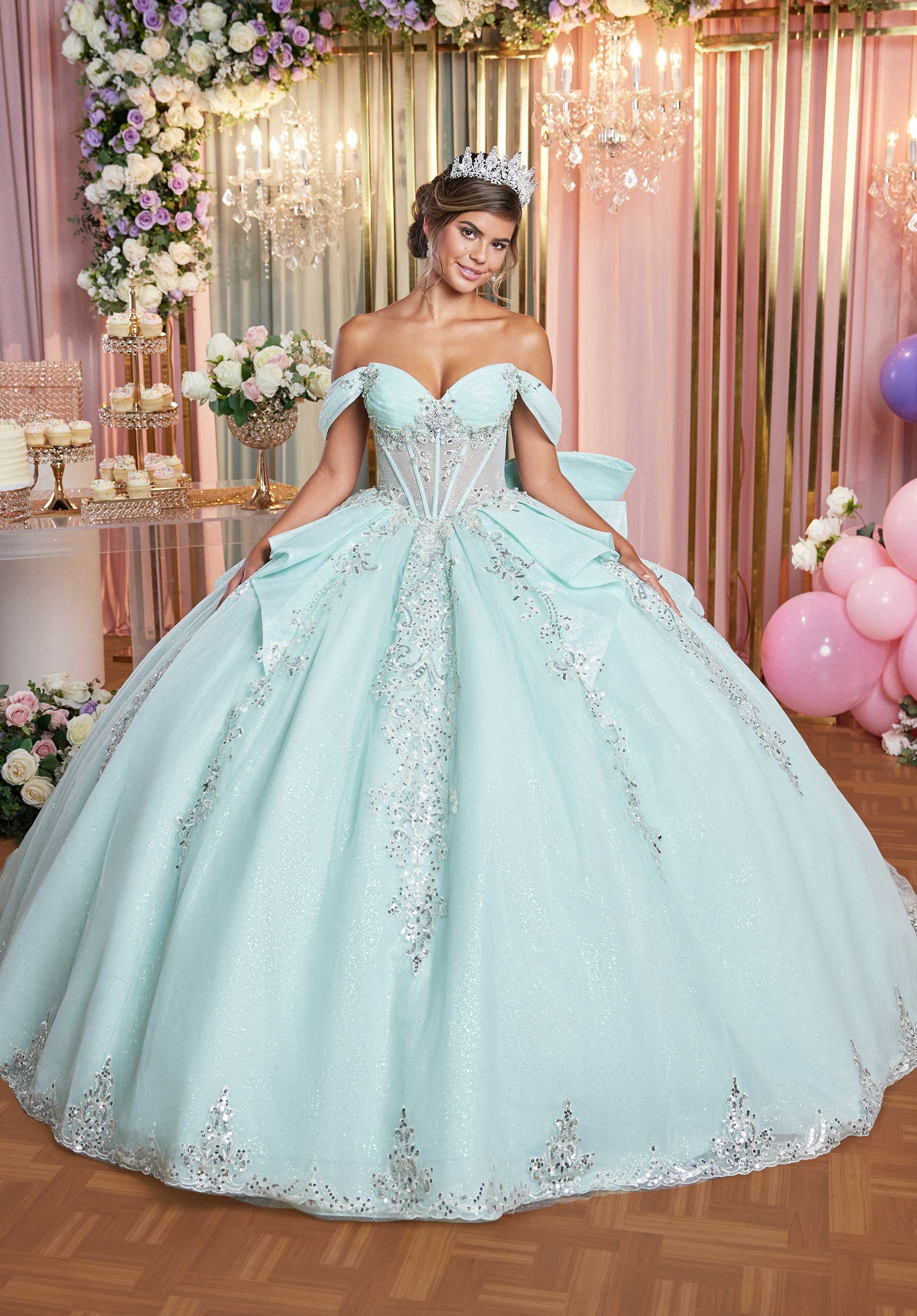 Glitter Pleated Quinceañera Dress with Cascading Peplum Overlay - Image 4