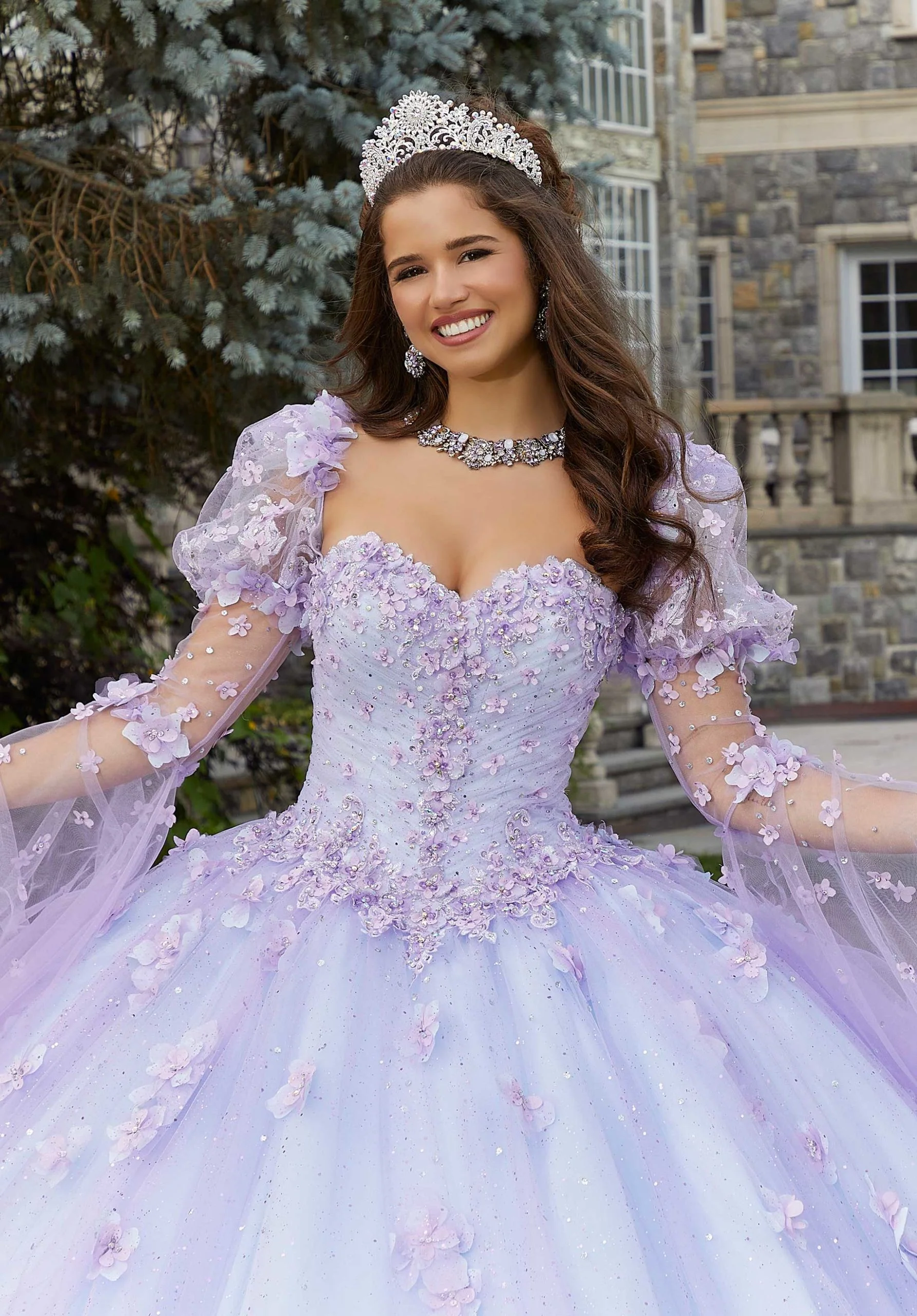 Glitter Tulle Quinceañera Dress with Three-Dimensional Floral Appliqués - Image 2