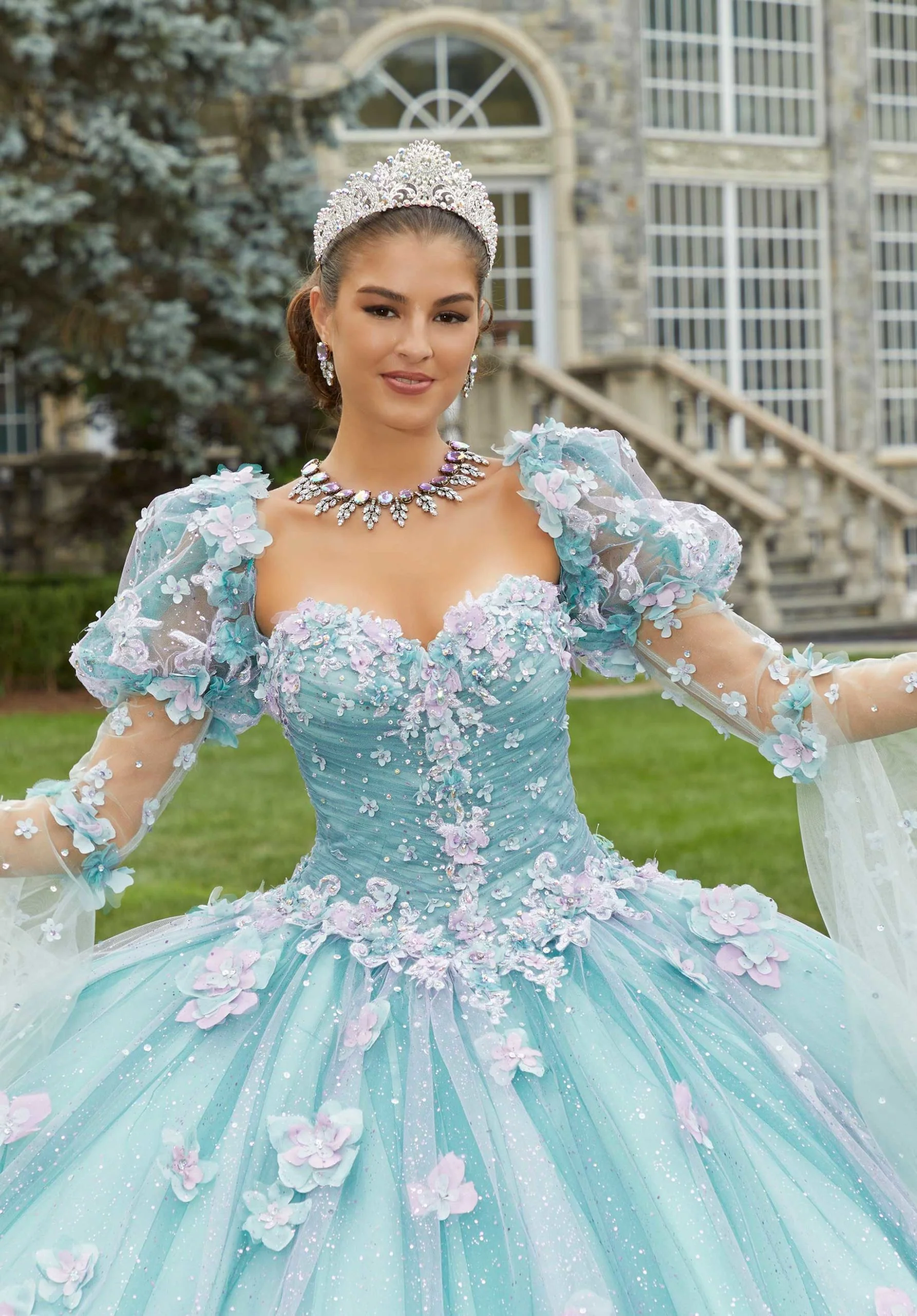 Glitter Tulle Quinceañera Dress with Three-Dimensional Floral Appliqués - Image 7