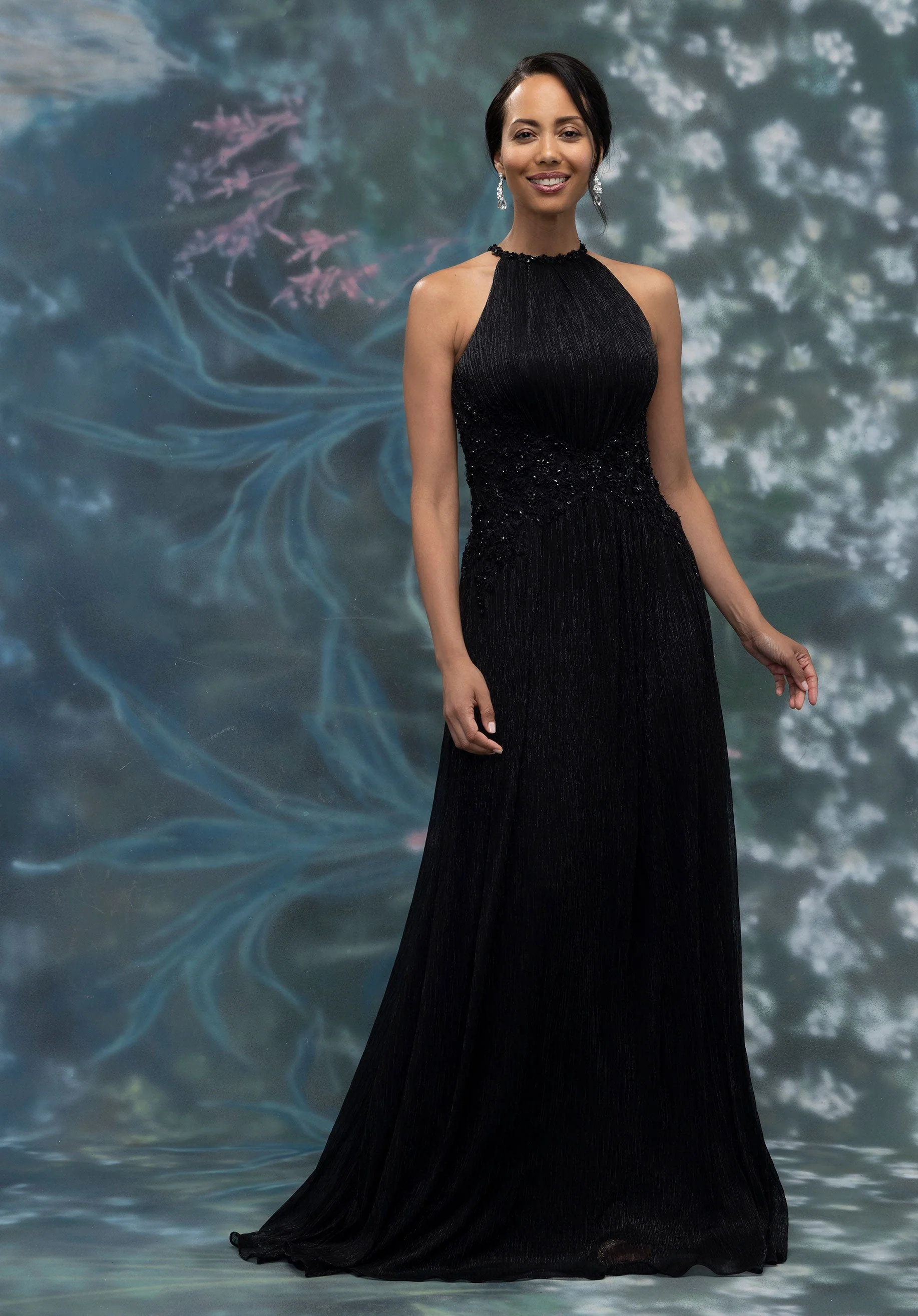 Halter Neck Metallic Knit Evening Gown with Beaded Waistline - Image 3