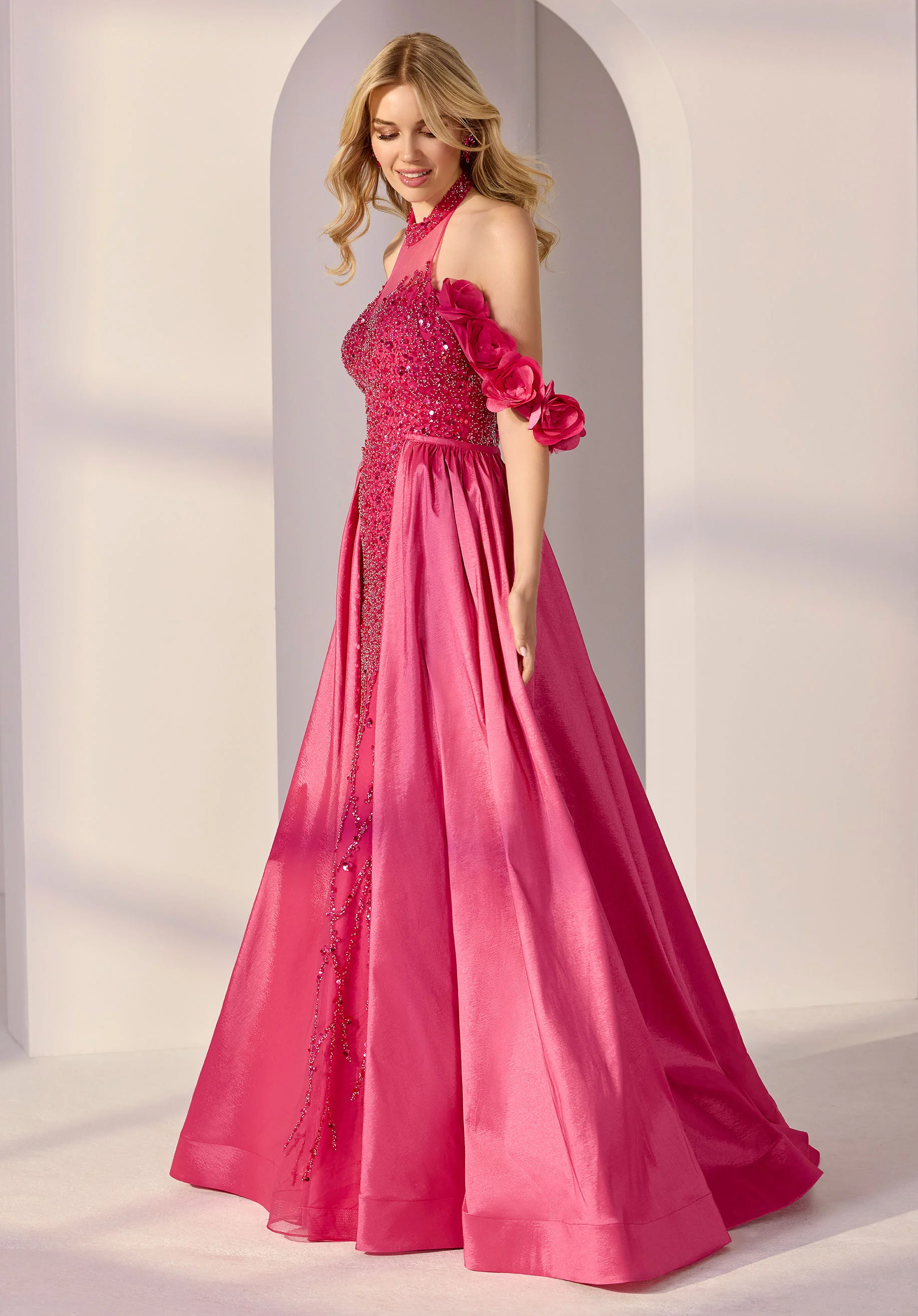 Illusion Halter Beaded Tulle Party Dress with Rosette Drape and Overskirt - Image 4