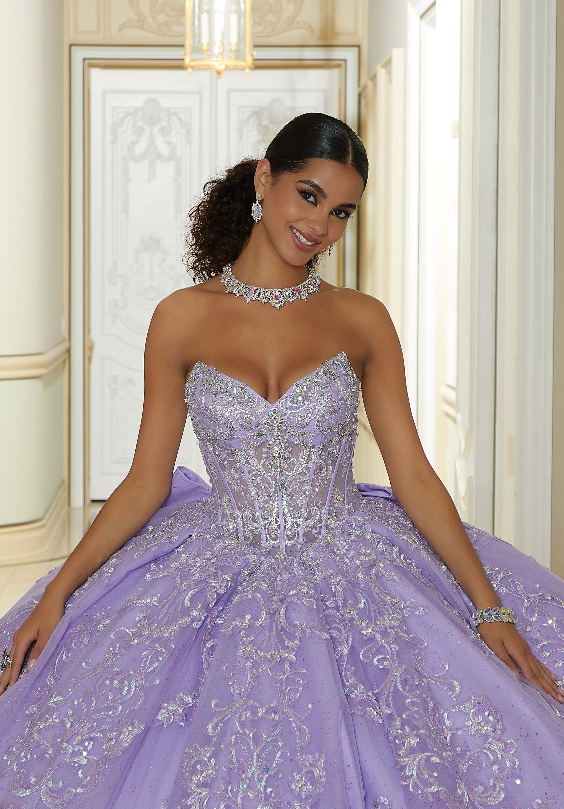 Jewel Beaded and Metallic Embroidered Quinceañera Dress with Petal Train - Image 4