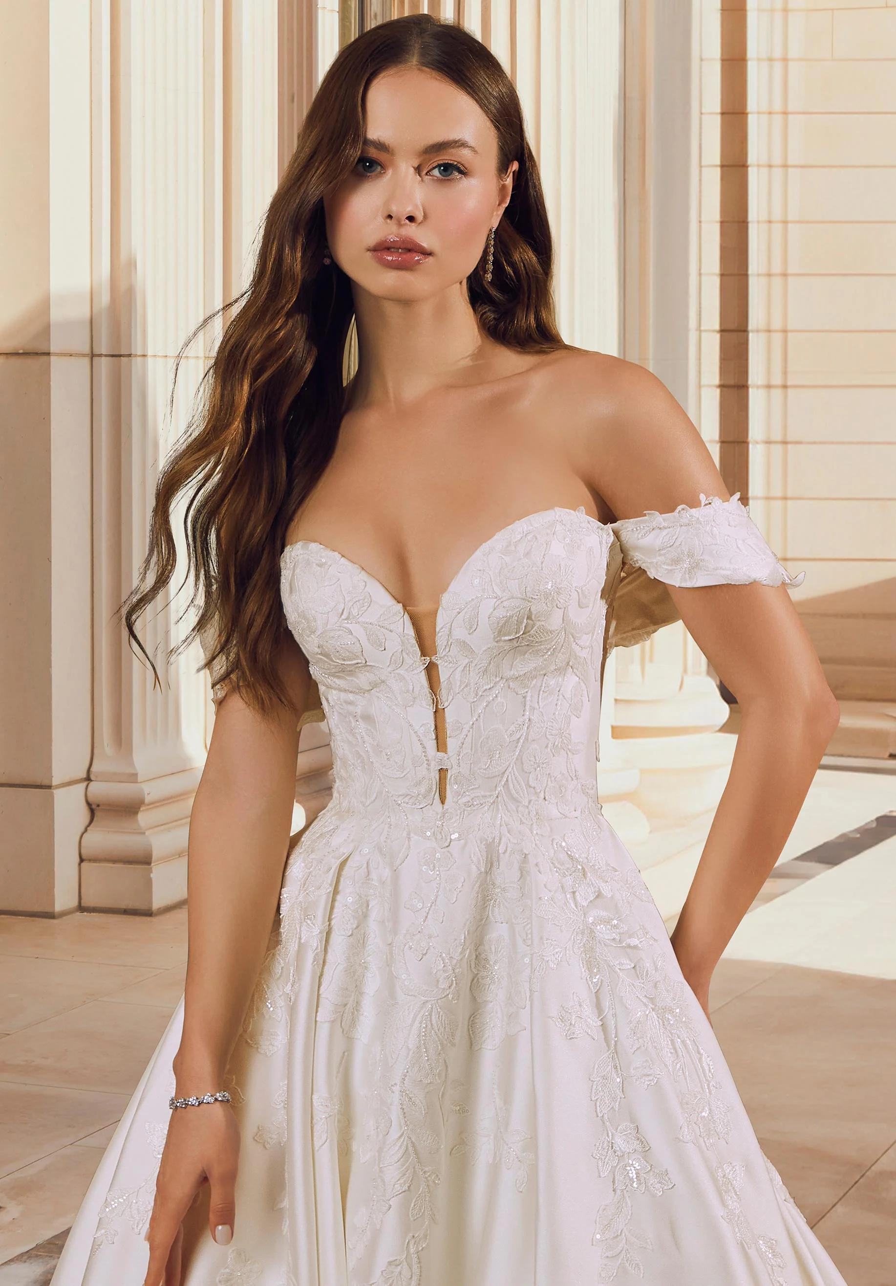 Larissa Satin Embroidered Off The Shoulder Sleeves