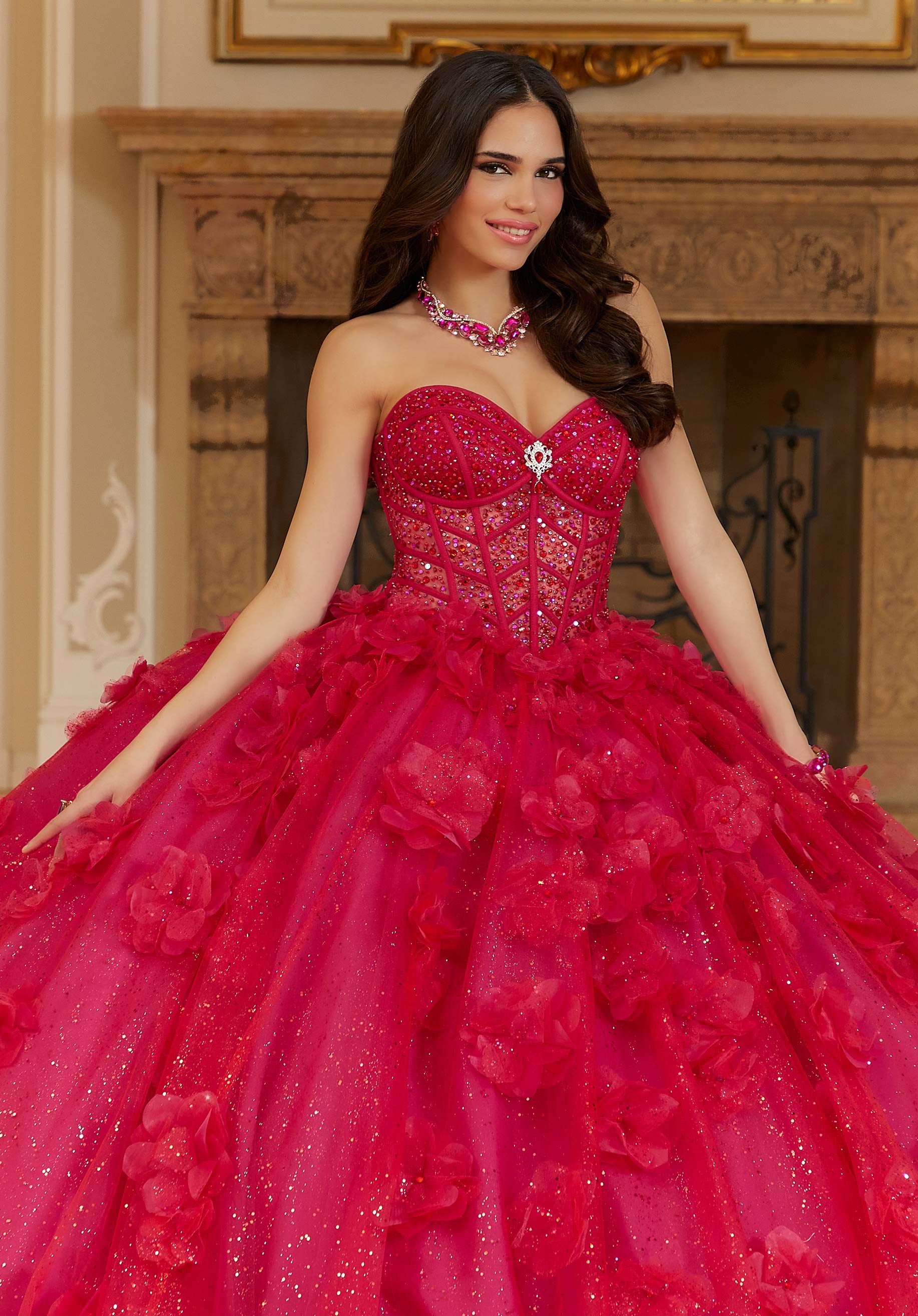 Layered Sparkle Tulle Quinceañera Dress with Three-Dimensional Flowers - Image 4