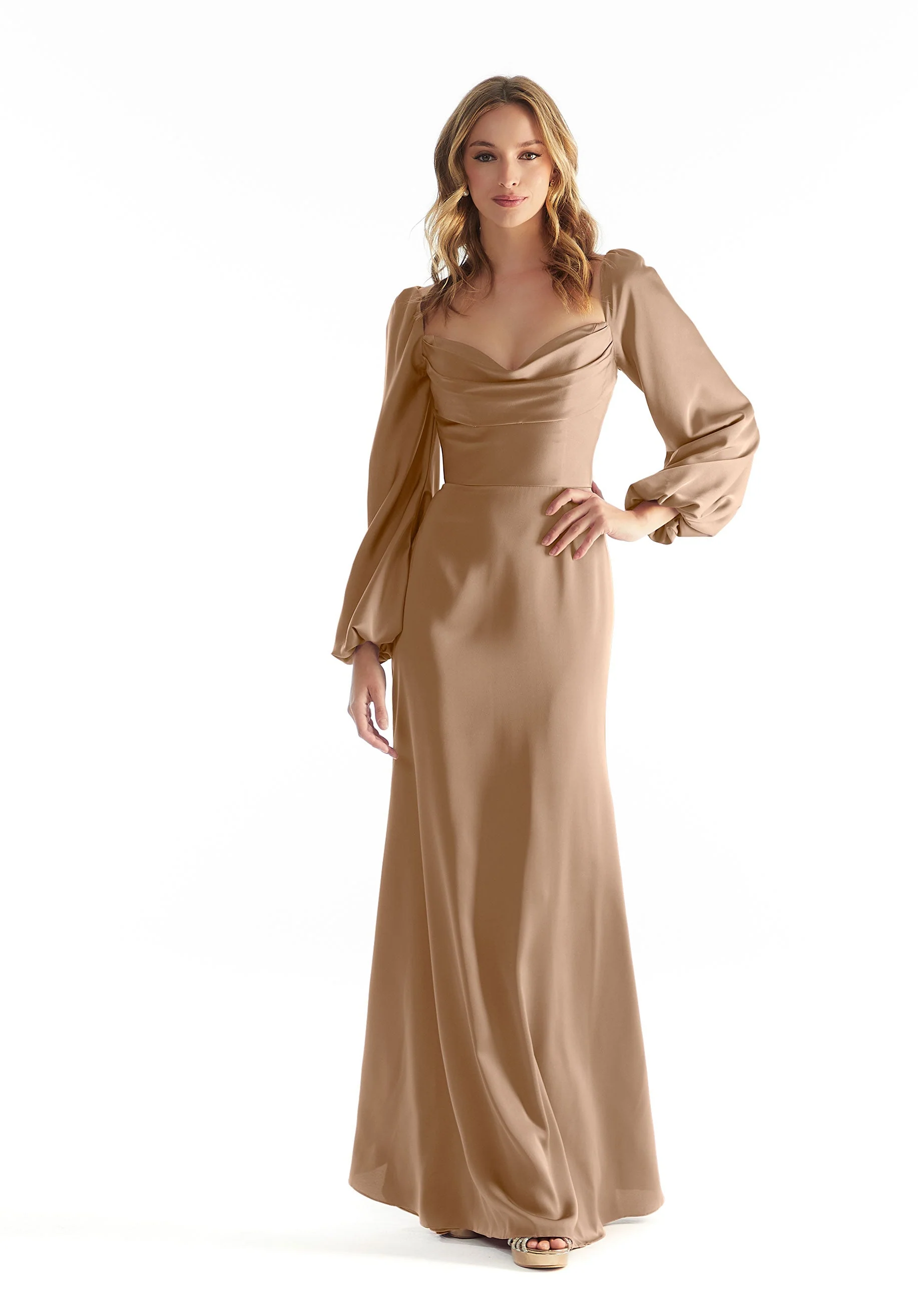 Long Sleeve Luxe Satin Bridesmaid Dress with Cowl Neck - Image 12