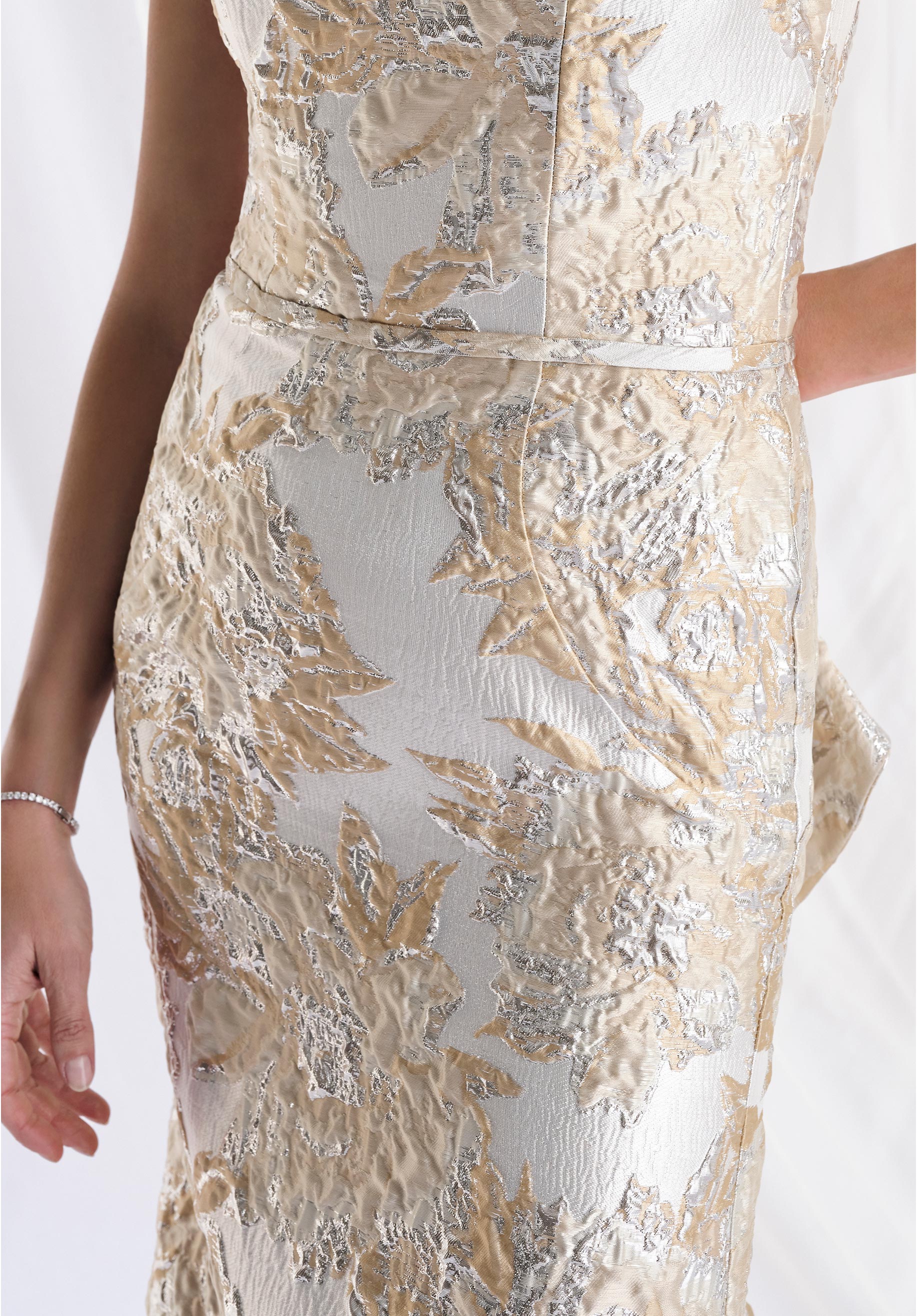 Metallic Brocade Fit and Flare Evening Gown with Ruffle Draped Back - Image 4