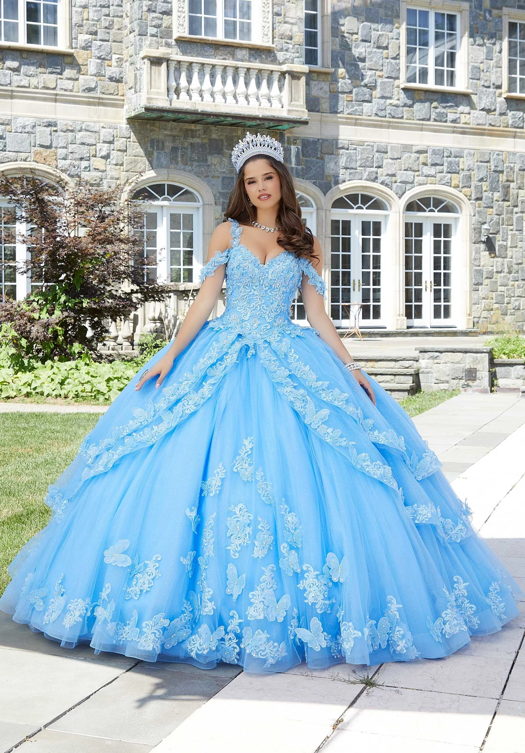 Metallic Embroidered Quinceañera Dress with Three-Dimensional Butterflies - Image 5