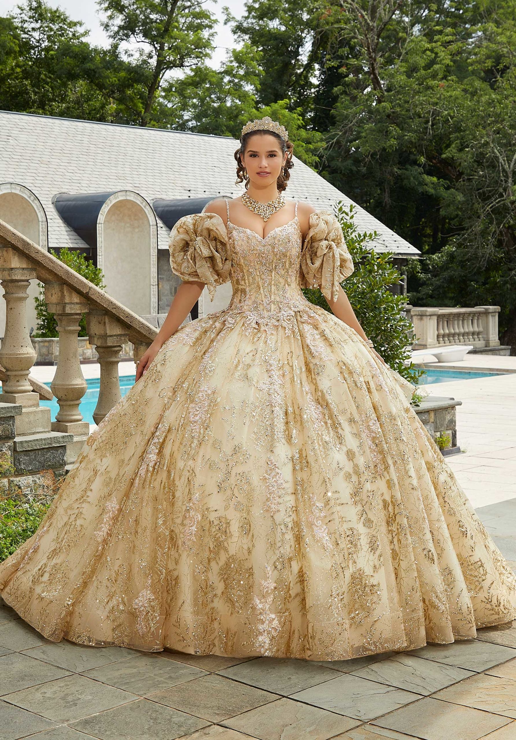 Metallic Lace and Patterned Glitter Quinceañera Dress - Image 6