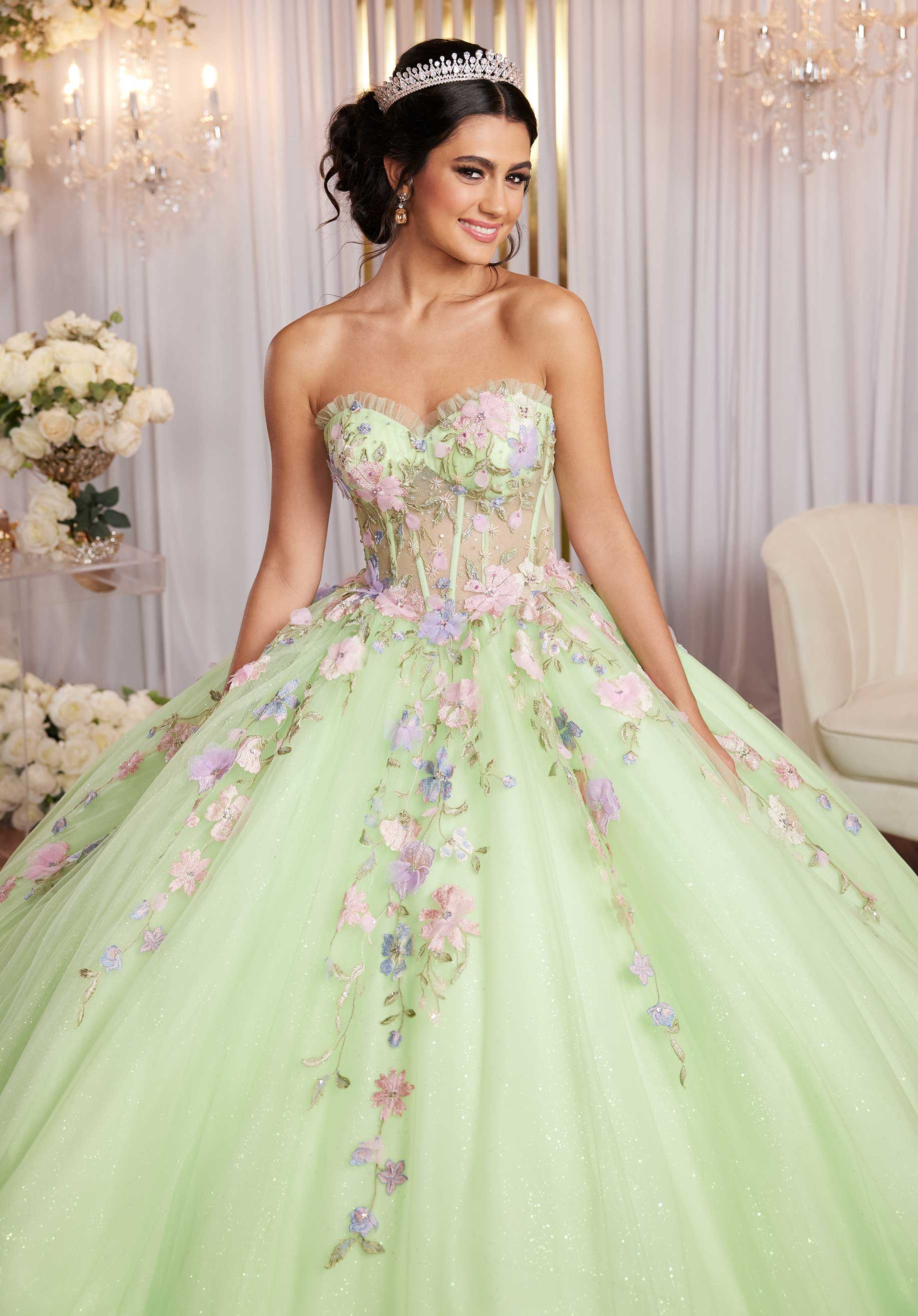 Multicolor Floral Sweetheart Quinceañera Dress with Ruffled Details - Image 11